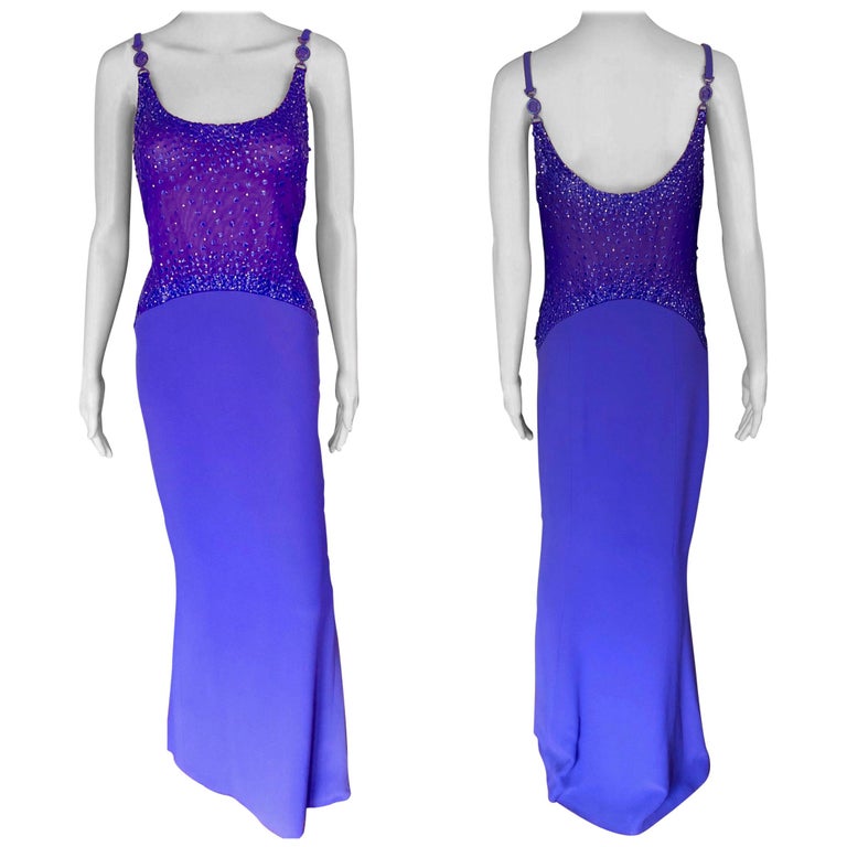 Gianni Versace F/W 1996 Runway Vintage Embellished Sheer Evening Dress Gown  For Sale at 1stDibs