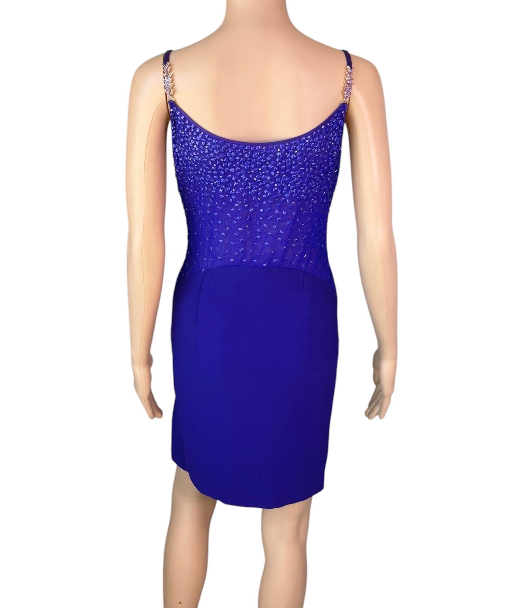 Violet Gianni Versace F/W 1996 Runway Vintage embellie mini robe de soirée transparente en vente