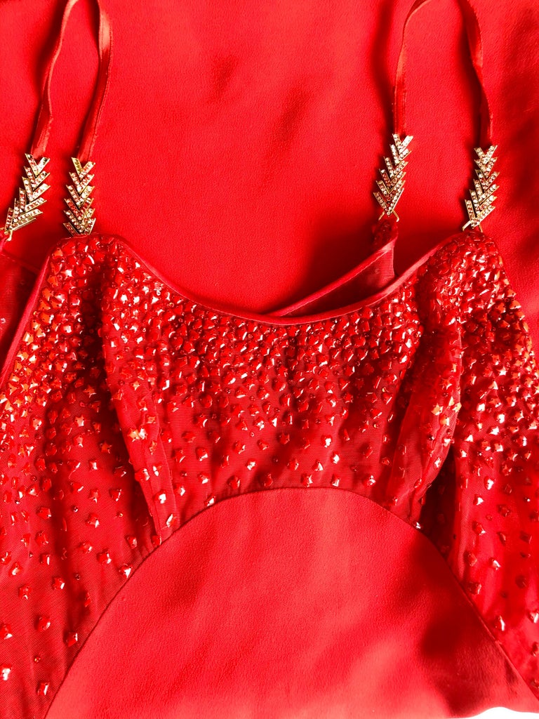 Gianni Versace F/W 1996 Runway Vintage Embellished Sheer Red Evening Mini Dress  For Sale 7