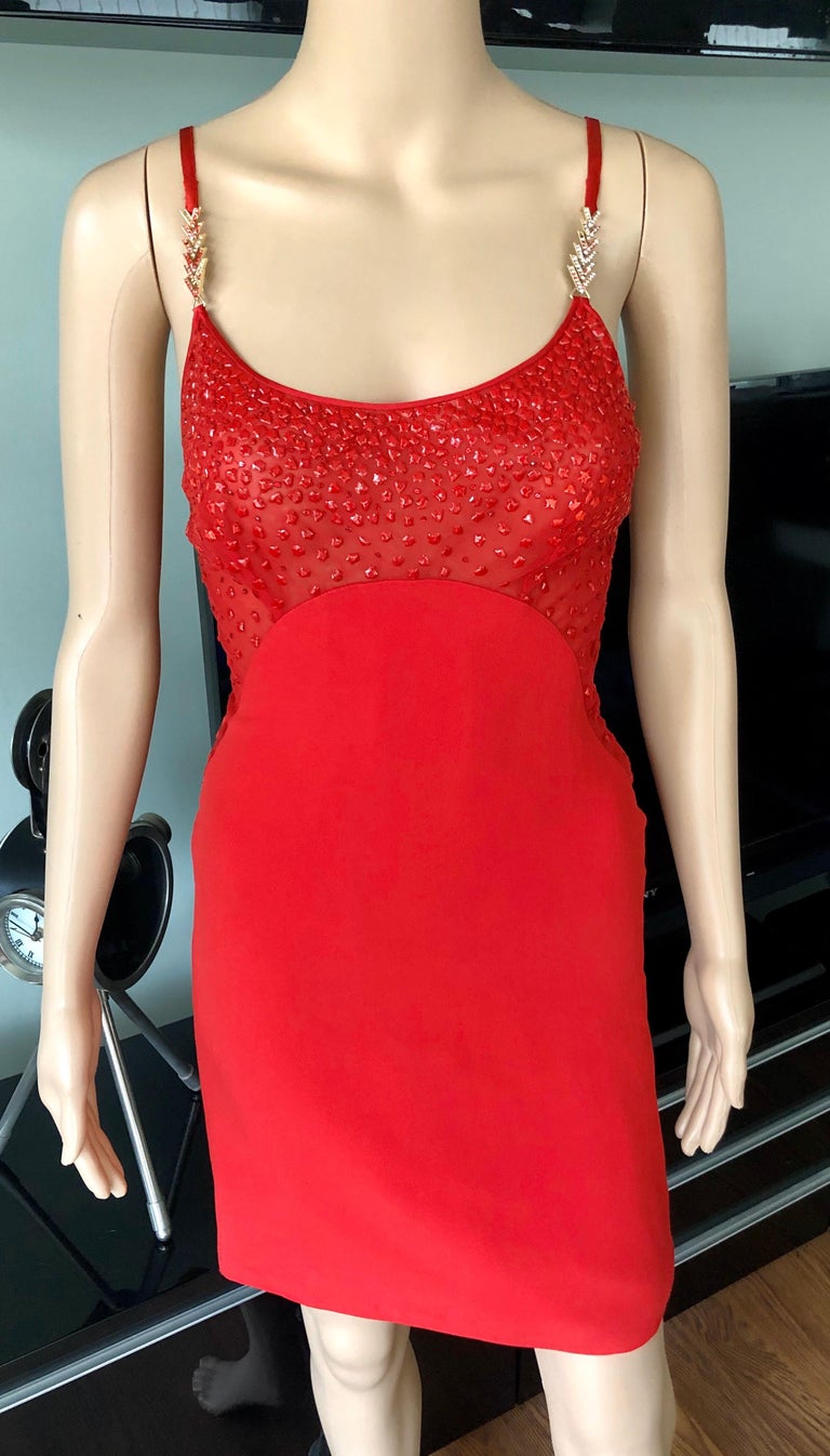 Women's or Men's Gianni Versace F/W 1996 Runway Vintage Embellished Sheer Red Evening Mini Dress  For Sale