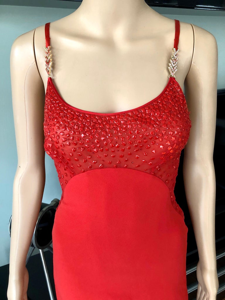 Gianni Versace F/W 1996 Runway Vintage Embellished Sheer Red Evening Mini Dress  For Sale 1