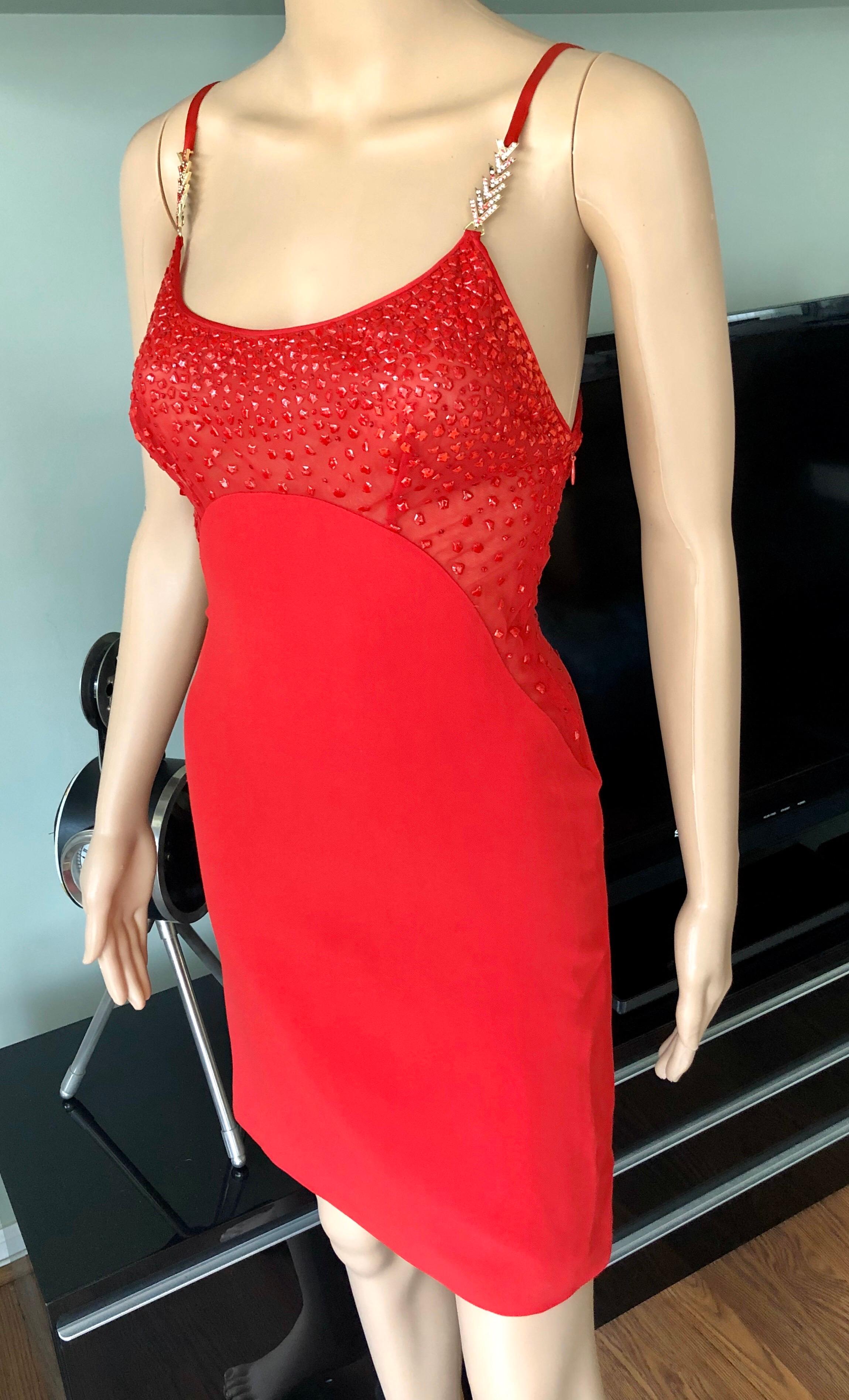 Women's or Men's Gianni Versace F/W 1996 Runway Vintage Embellished Sheer Red Evening Mini Dress  For Sale
