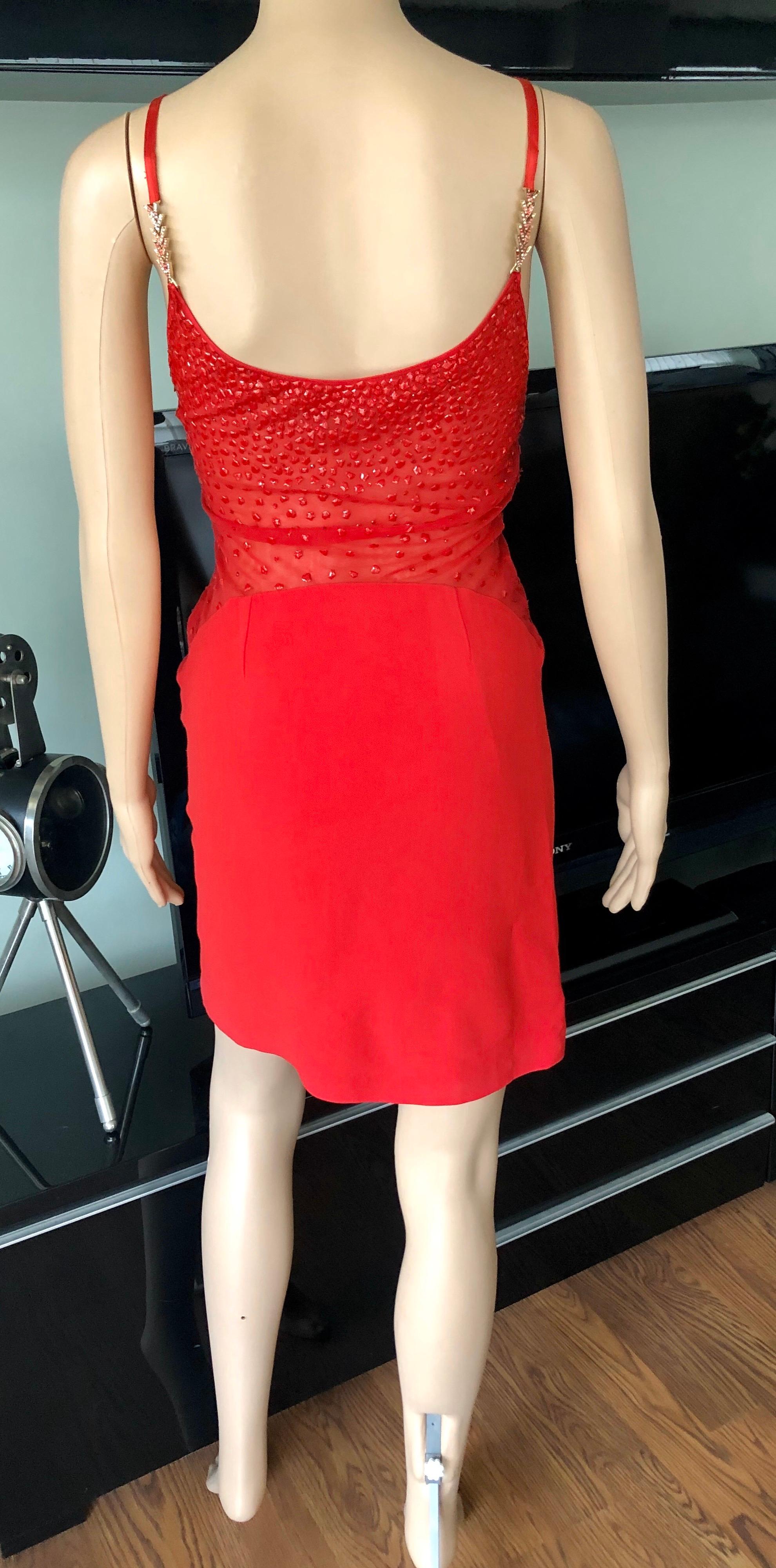 Gianni Versace F/W 1996 Runway Vintage Embellished Sheer Red Evening Mini Dress  For Sale 1