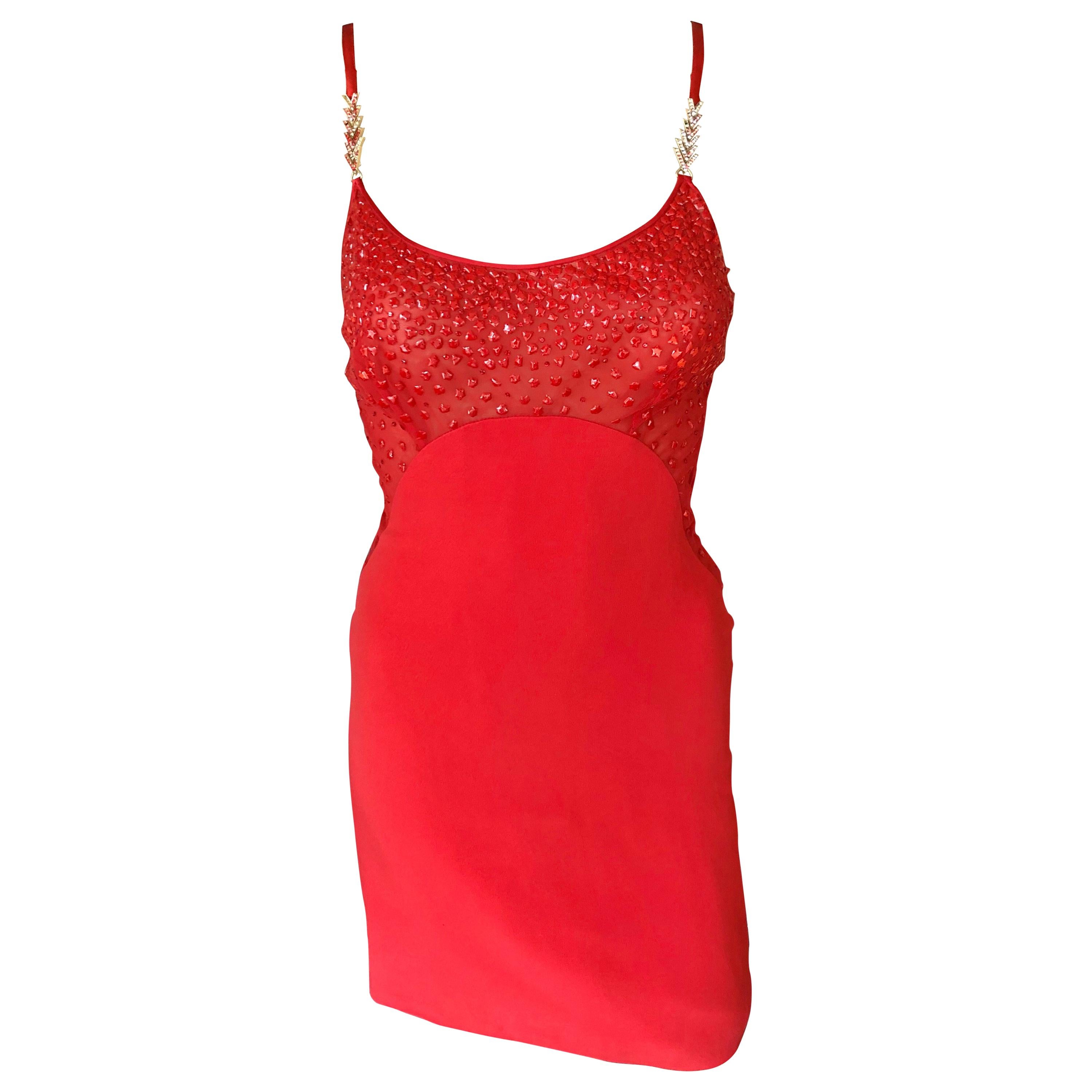 Gianni Versace F/W 1996 Runway Vintage Embellished Sheer Red Evening Mini Dress  For Sale