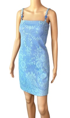 Gianni Versace F/W 1996 Vintage Floral Lace and Leather Blue Mini Dress