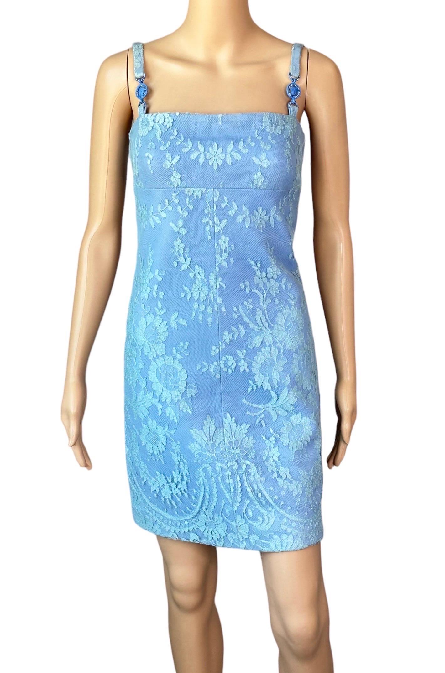 Gianni Versace F/W 1996 Vintage Floral Lace and Leather Blue Mini Dress  In Good Condition For Sale In Naples, FL