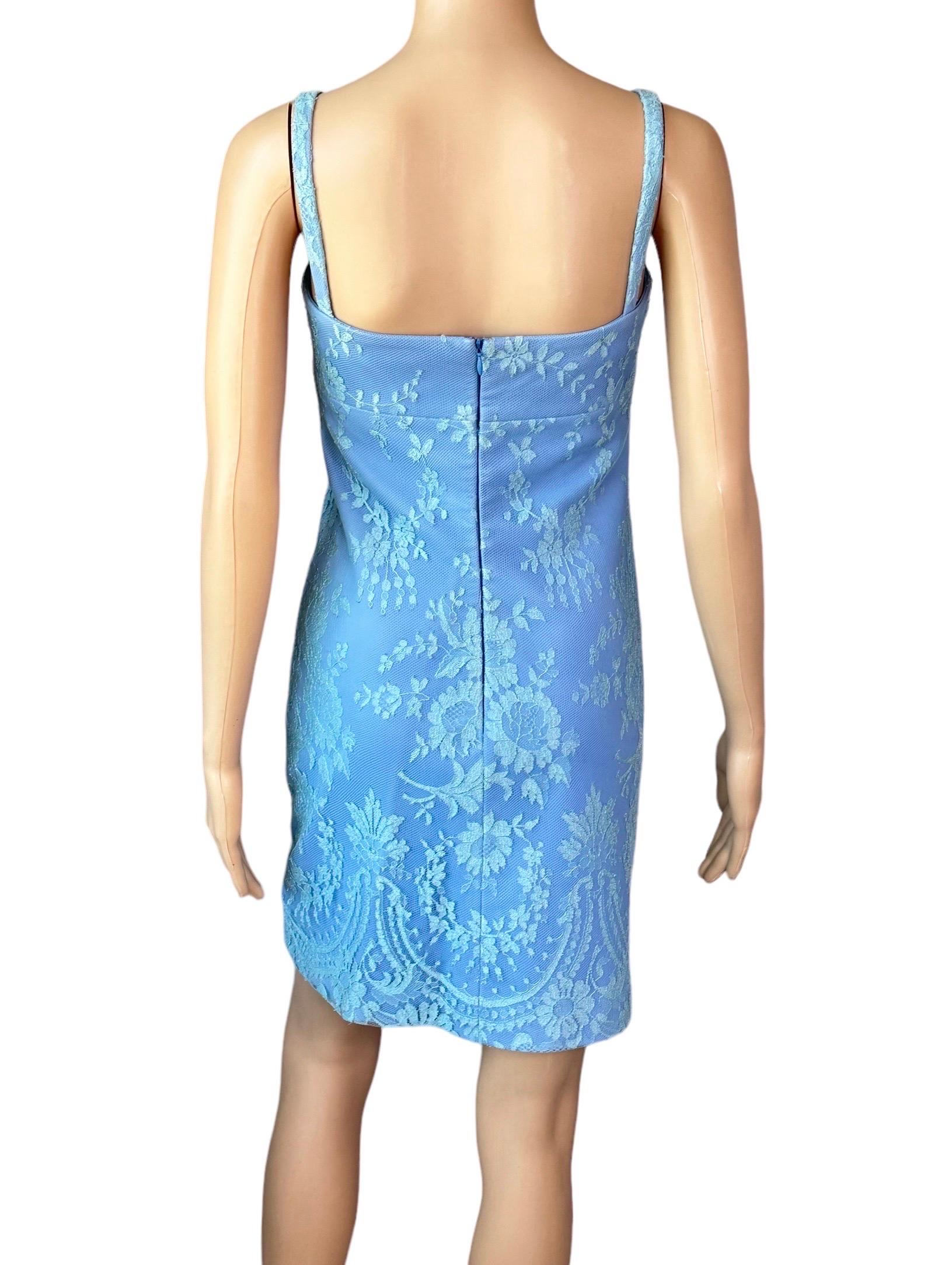 Women's Gianni Versace F/W 1996 Vintage Floral Lace and Leather Blue Mini Dress  For Sale