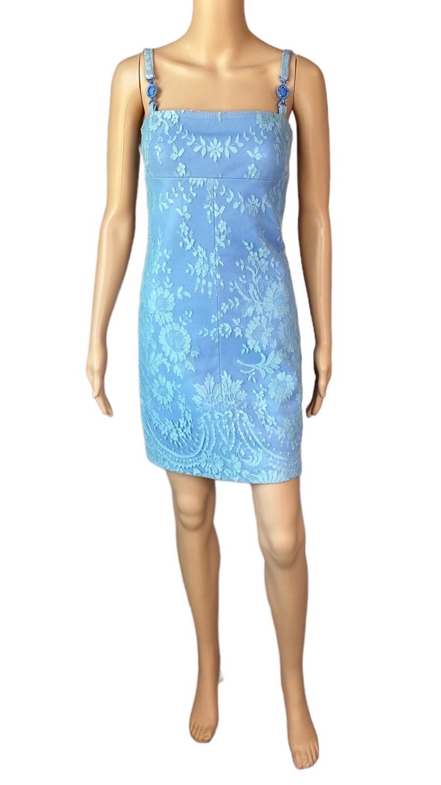 Gianni Versace F/W 1996 Vintage Floral Lace and Leather Blue Mini Dress  For Sale 1