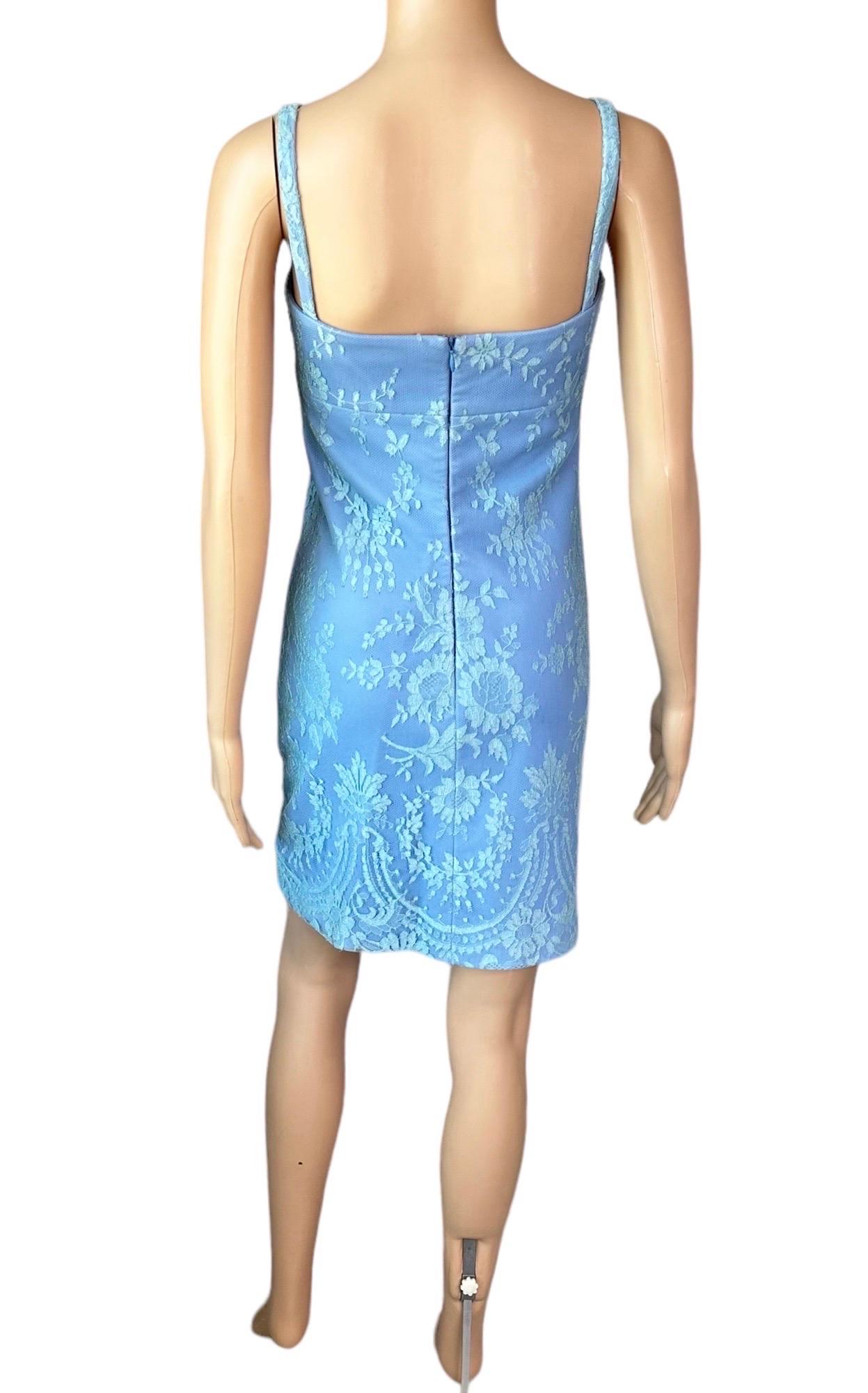 Gianni Versace F/W 1996 Vintage Floral Lace and Leather Blue Mini Dress  4