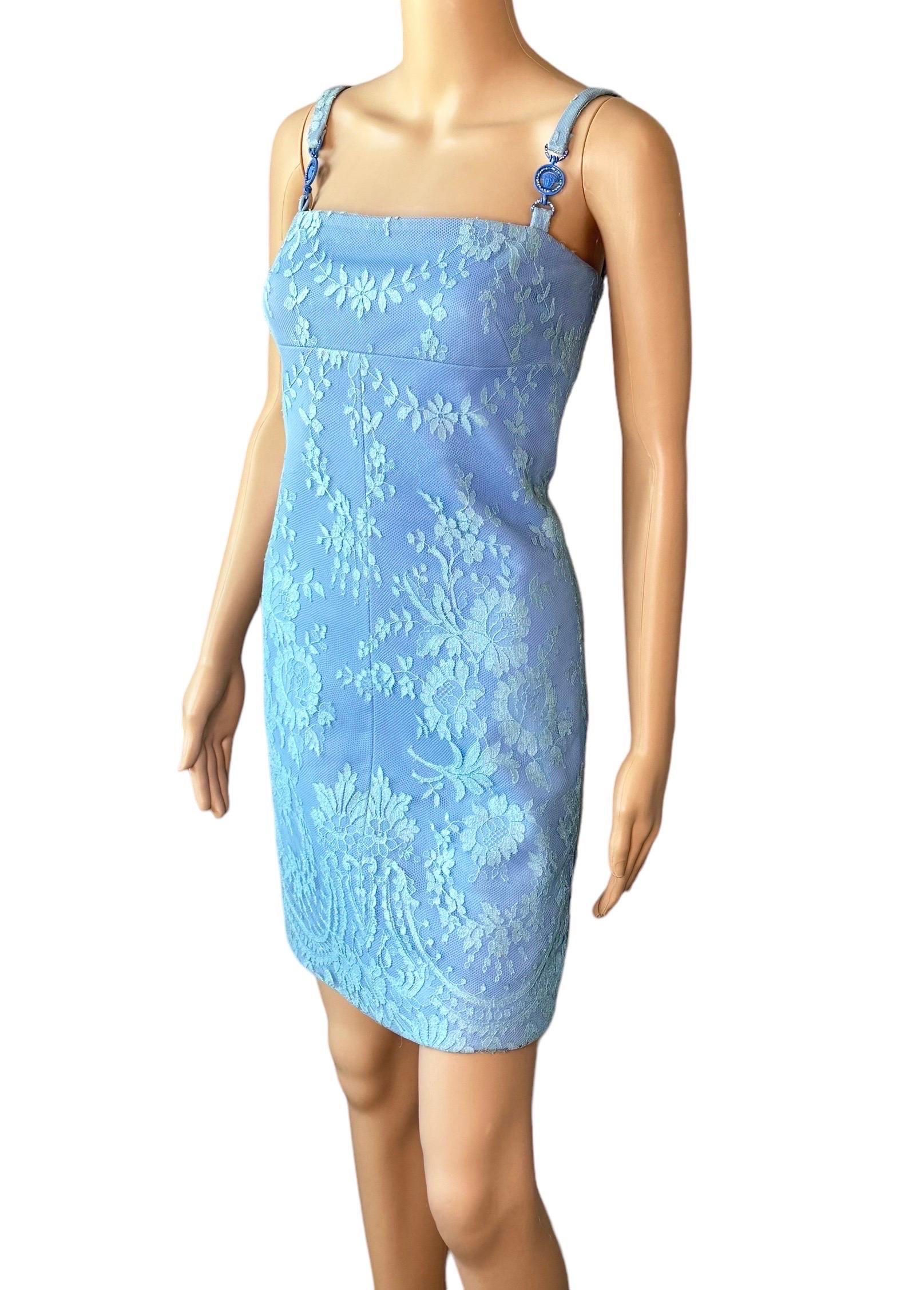 Gianni Versace F/W 1996 Vintage Floral Lace and Leather Blue Mini Dress  For Sale 5