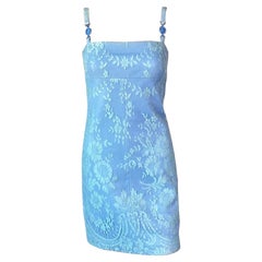Gianni Versace F/W 1996 - Mini robe bleue vintage à fleurs en dentelle et cuir