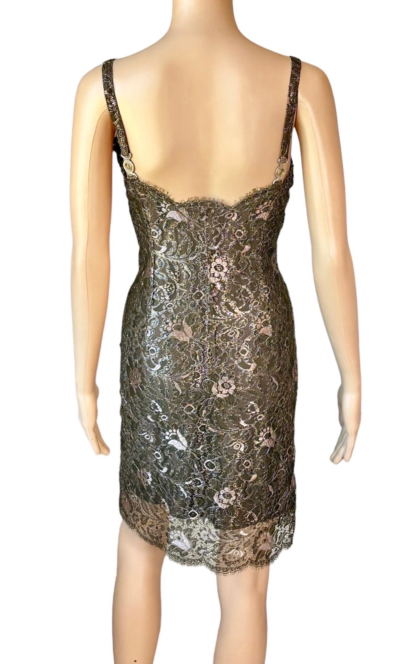 Gianni Versace F/W 1996 Vintage Metallic Floral Lace Brown Mini Dress  In Good Condition For Sale In Naples, FL