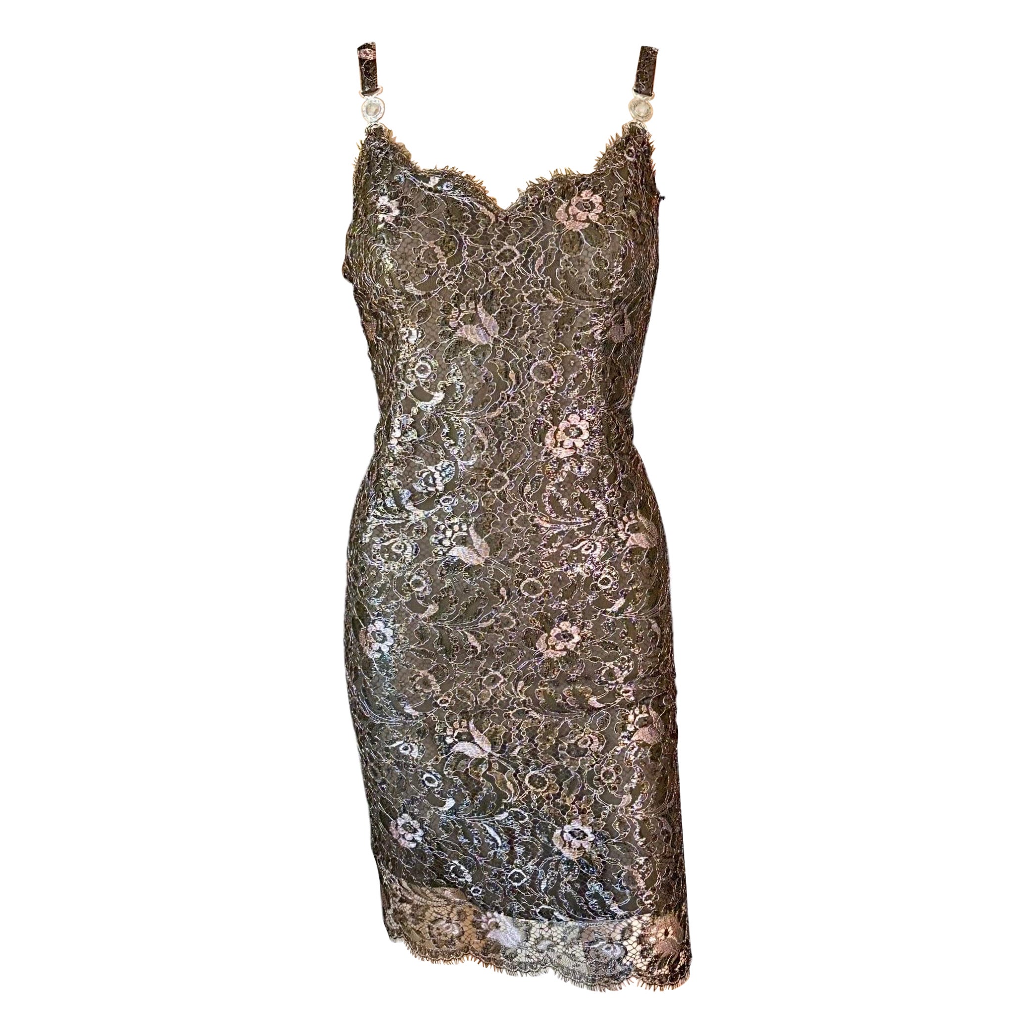 Gianni Versace A/I 1996 Mini abito vintage in pizzo floreale marrone metallizzato