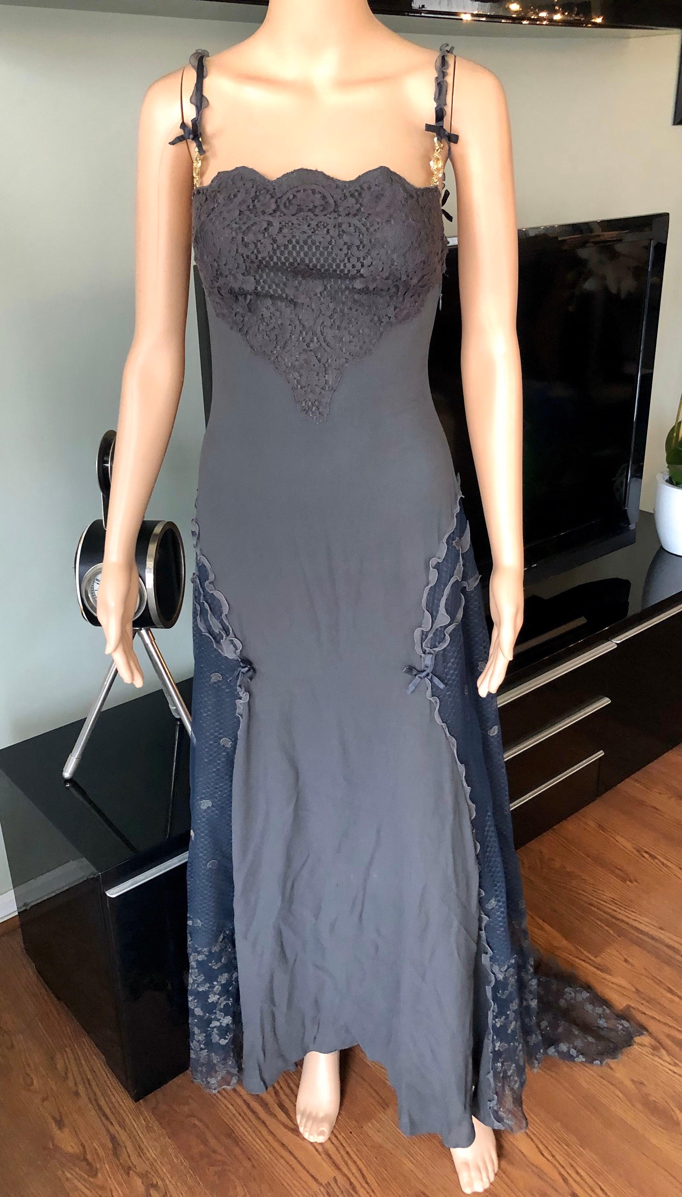 Black Gianni Versace S/S 1997 Runway Sheer Lace Panels Grey Evening Dress Gown For Sale