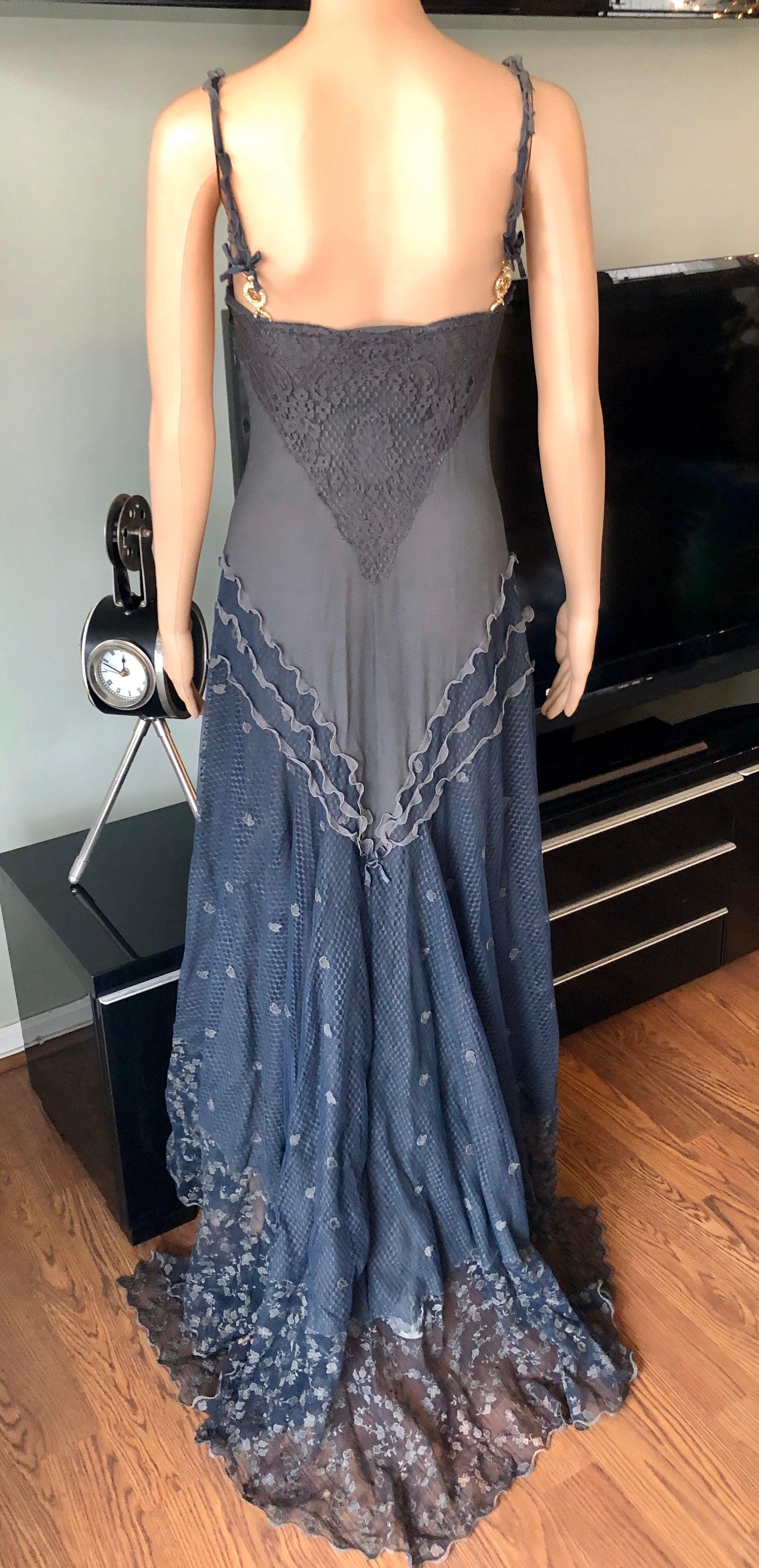 Gianni Versace S/S 1997 Runway Sheer Lace Panels Grey Evening Dress Gown For Sale 1