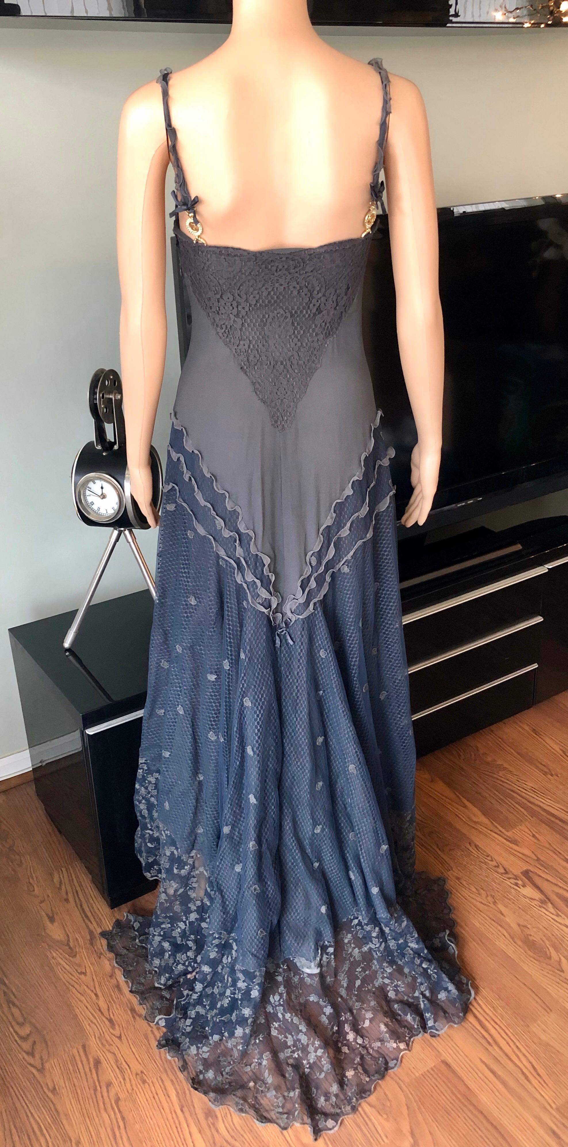 Gianni Versace S/S 1997 Runway Sheer Lace Panels Grey Evening Dress Gown For Sale 2