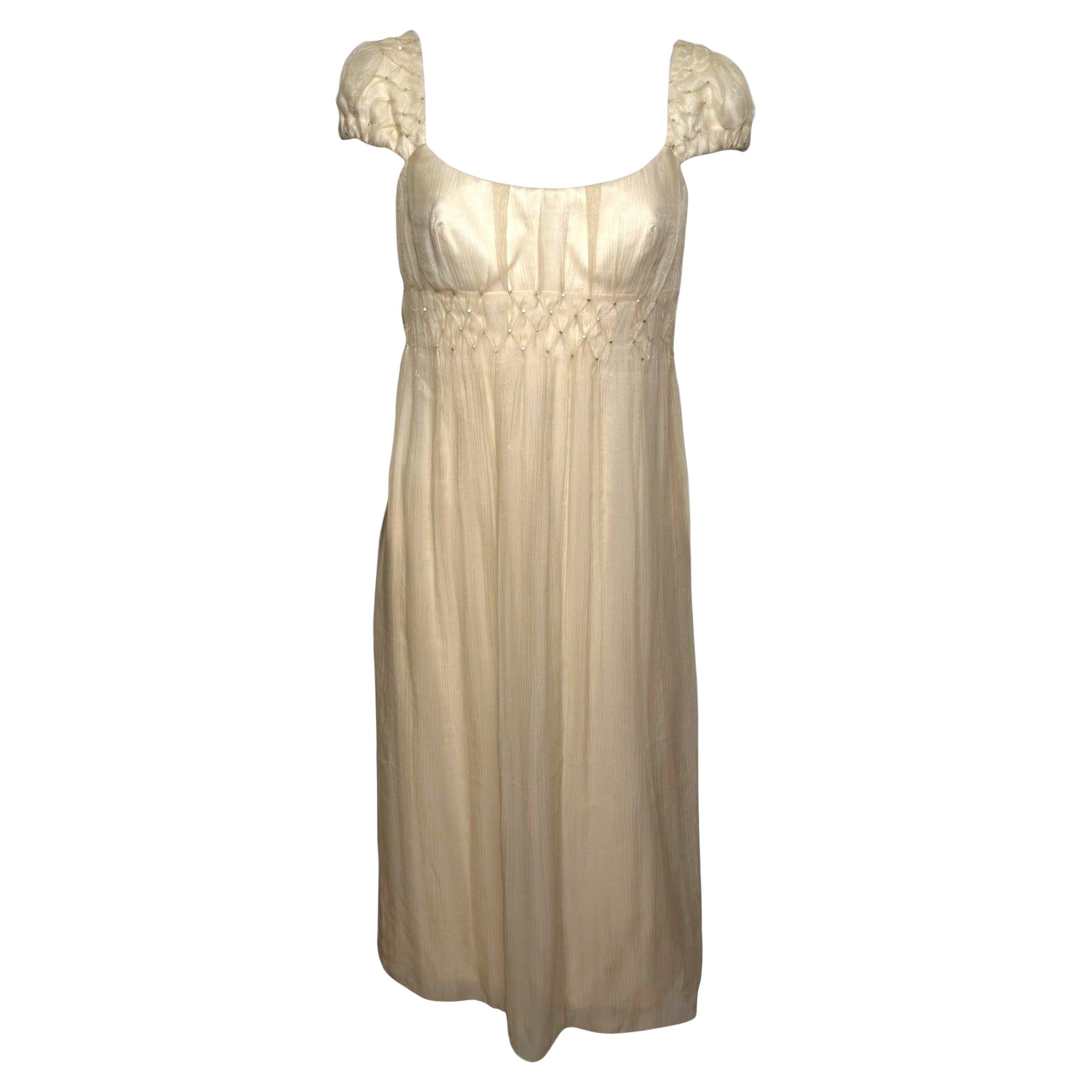 Gianni Versace F/W 1998 Couture Ivory Smocked Crystal-Embellished Empire-Line Midi Dress