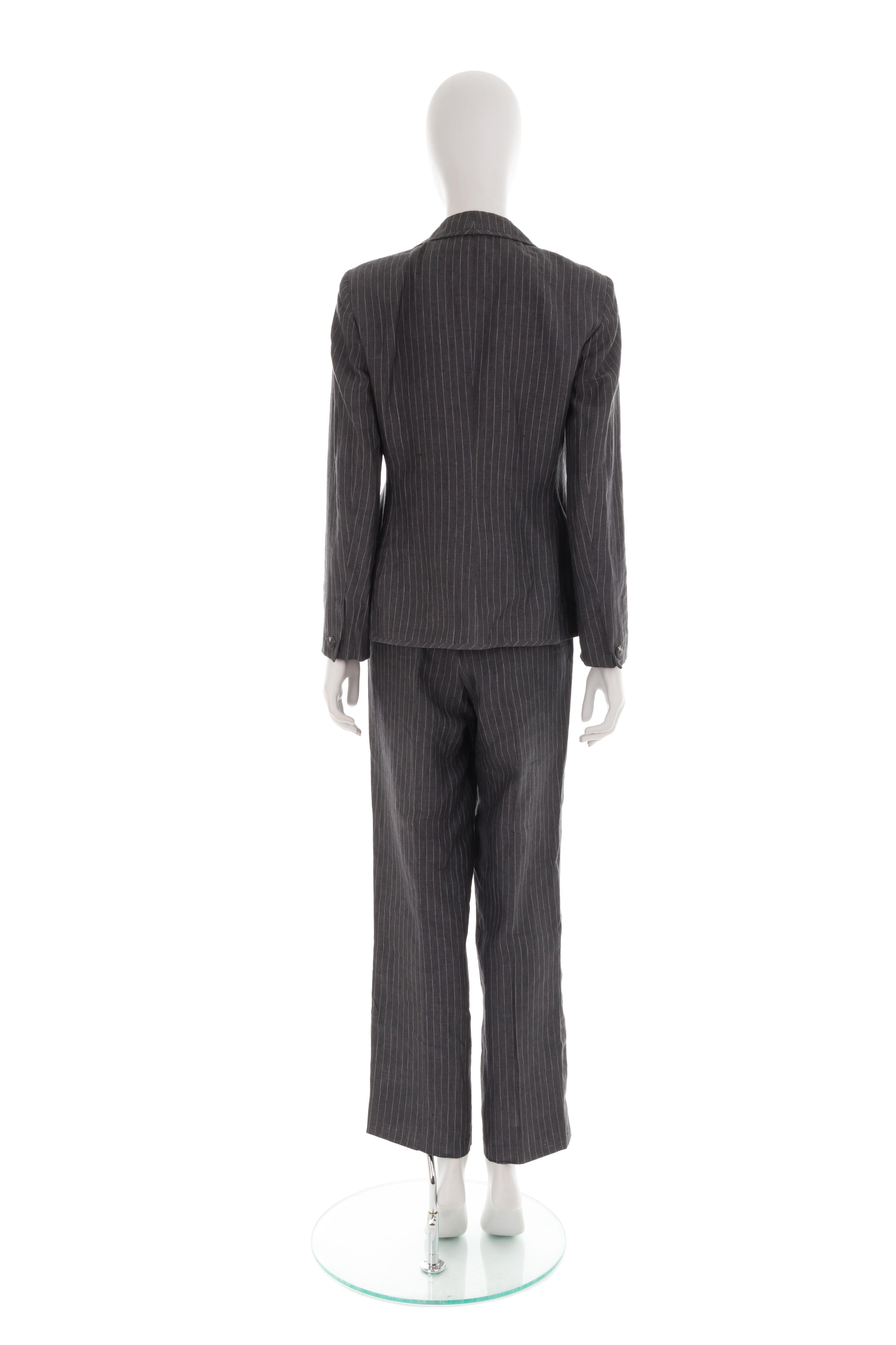 Black Gianni Versace F/W 1998 grey pinstripe linen suit with logo mini belt For Sale