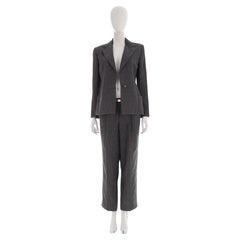 Retro Gianni Versace F/W 1998 grey pinstripe linen suit with logo mini belt