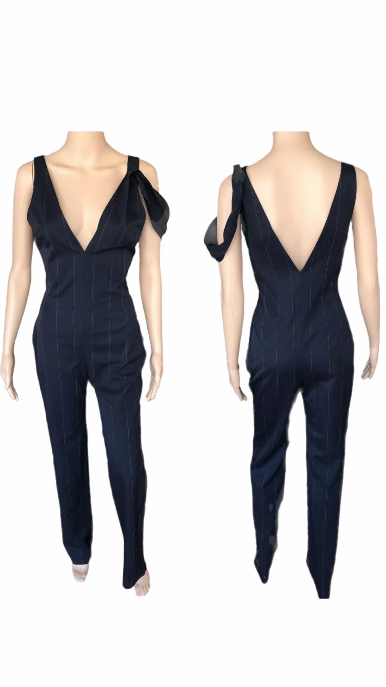 Gianni Versace F/W 1998 Vintage Pinstriped Plunging Open Back Jumpsuit IT 38