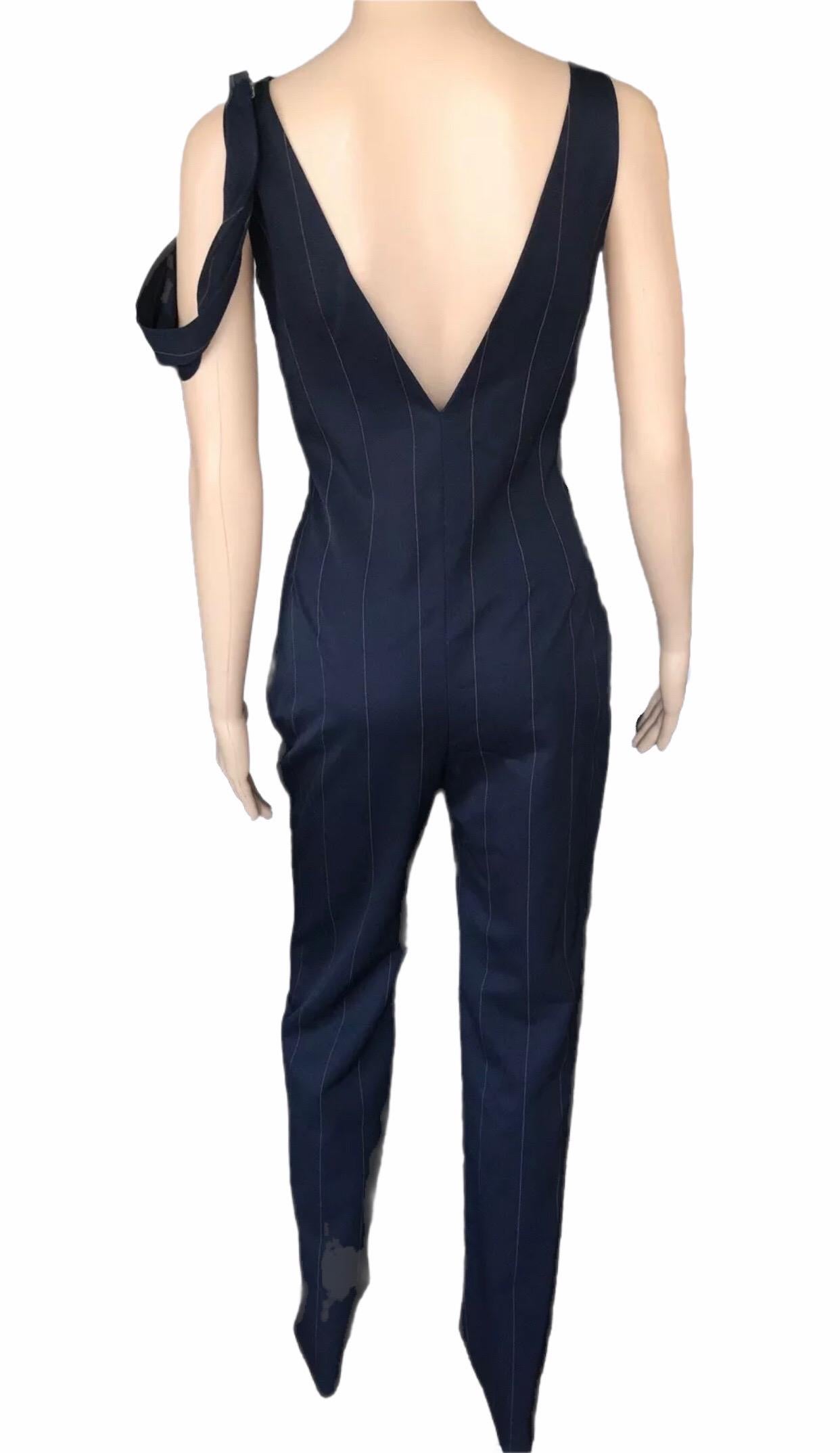 Black Gianni Versace F/W 1998 Vintage Pinstriped Plunging Open Back Jumpsuit For Sale