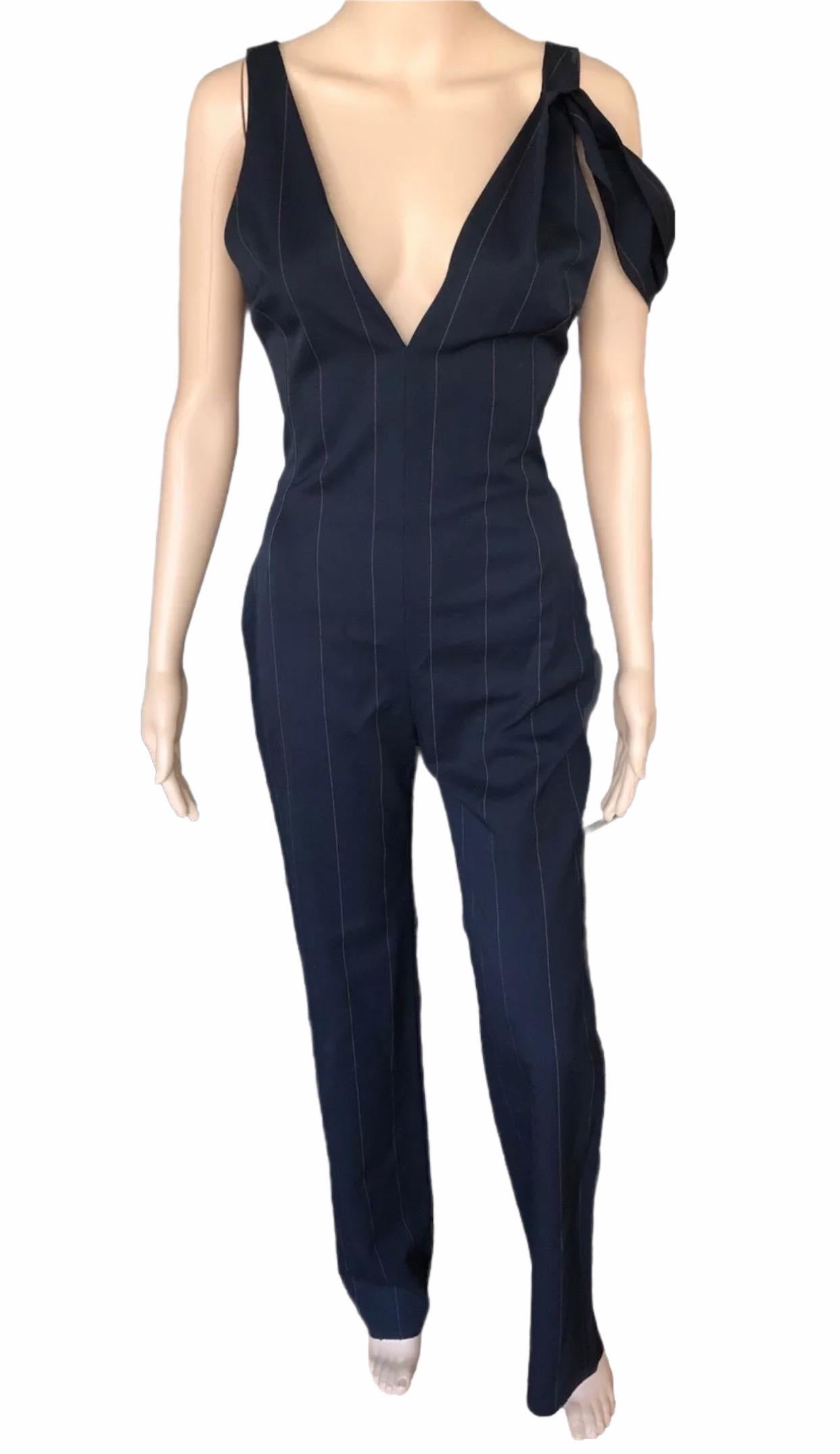 Gianni Versace F/W 1998 Vintage Pinstriped Plunging Open Back Jumpsuit In Good Condition In Naples, FL
