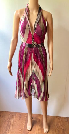 Gianni Versace F/W 2000 Runway Plunged Geometric Print Open Back Pleated Dress