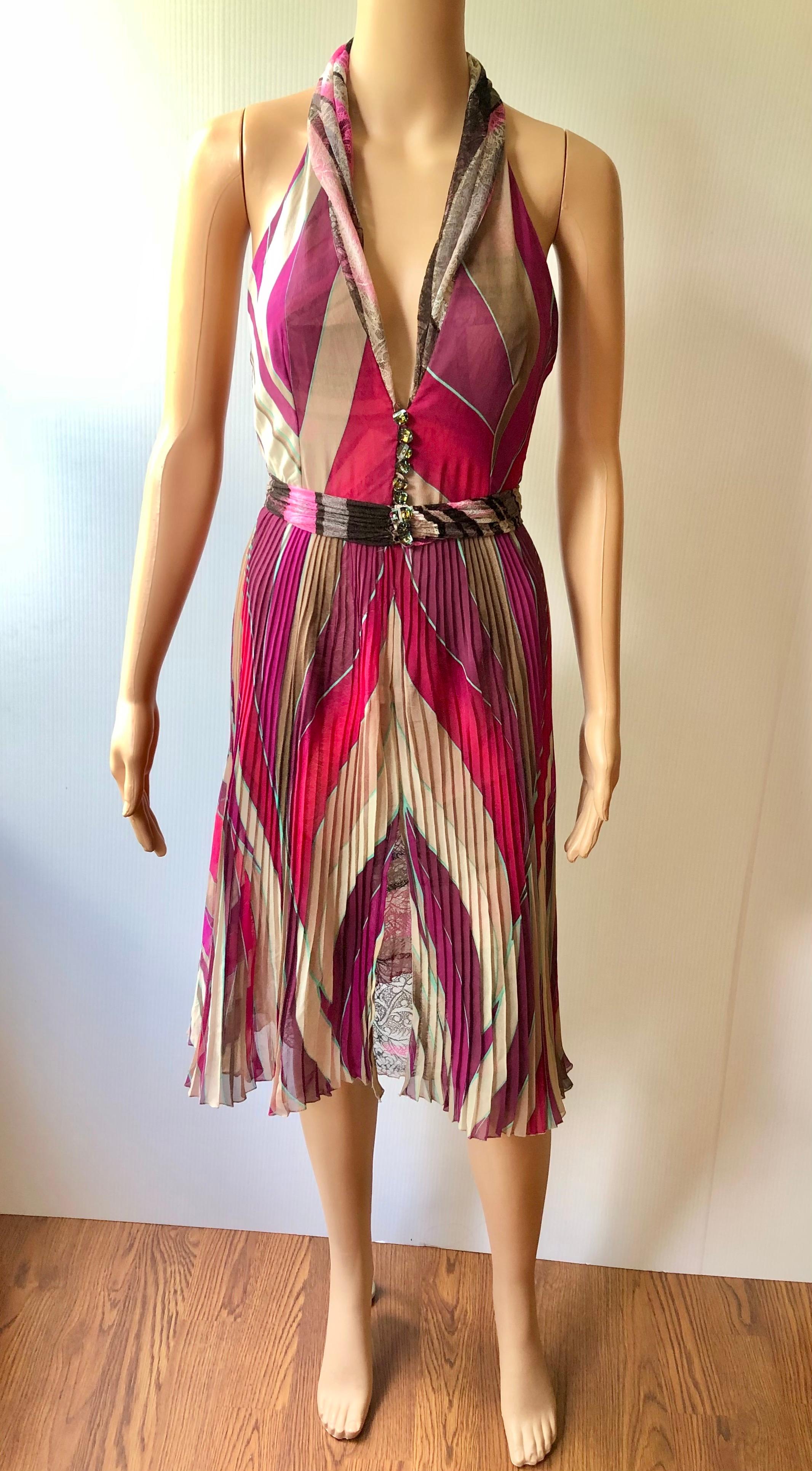 Brown Gianni Versace F/W 2000 Runway Plunged Geometric Print Open Back Pleated Dress For Sale