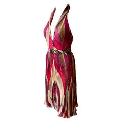 Vintage Gianni Versace F/W 2000 Runway Plunged Geometric Print Open Back Pleated Dress