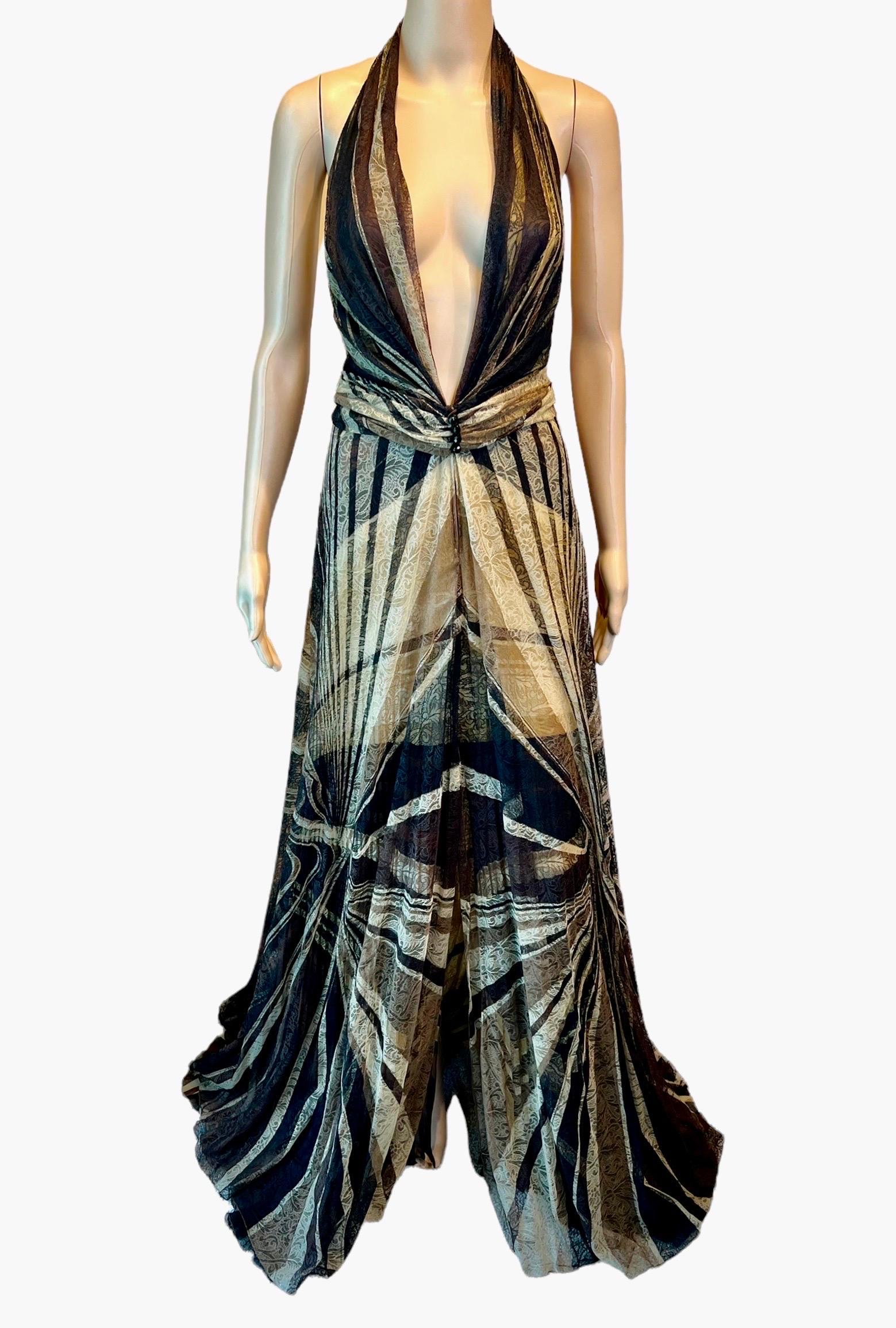 Black Gianni Versace F/W 2000 Runway Plunging Lace Silk Backless Evening Dress Gown For Sale
