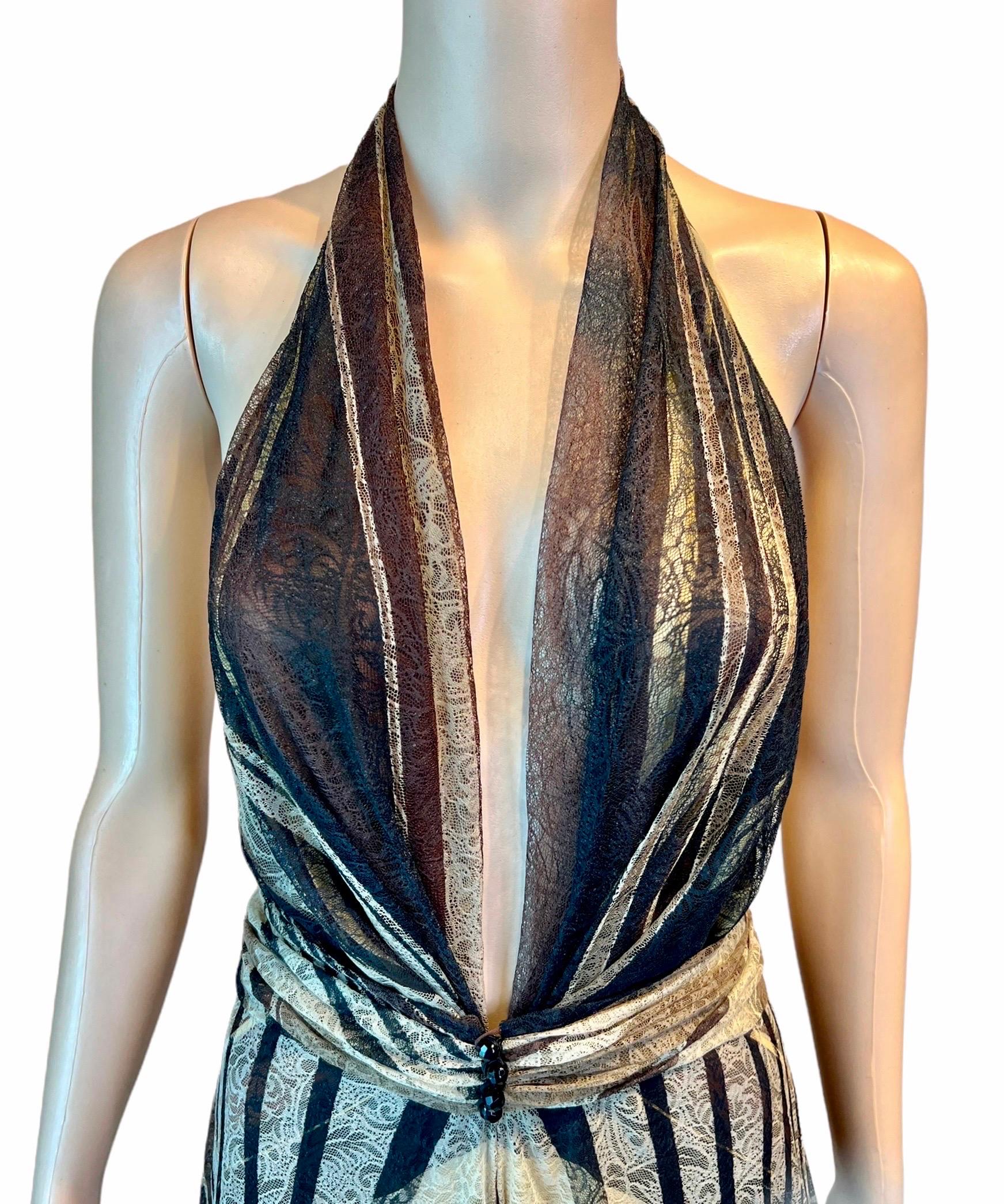 Gianni Versace F/W 2000 Runway Plunging Lace Silk Backless Evening Dress Gown In Good Condition For Sale In Naples, FL
