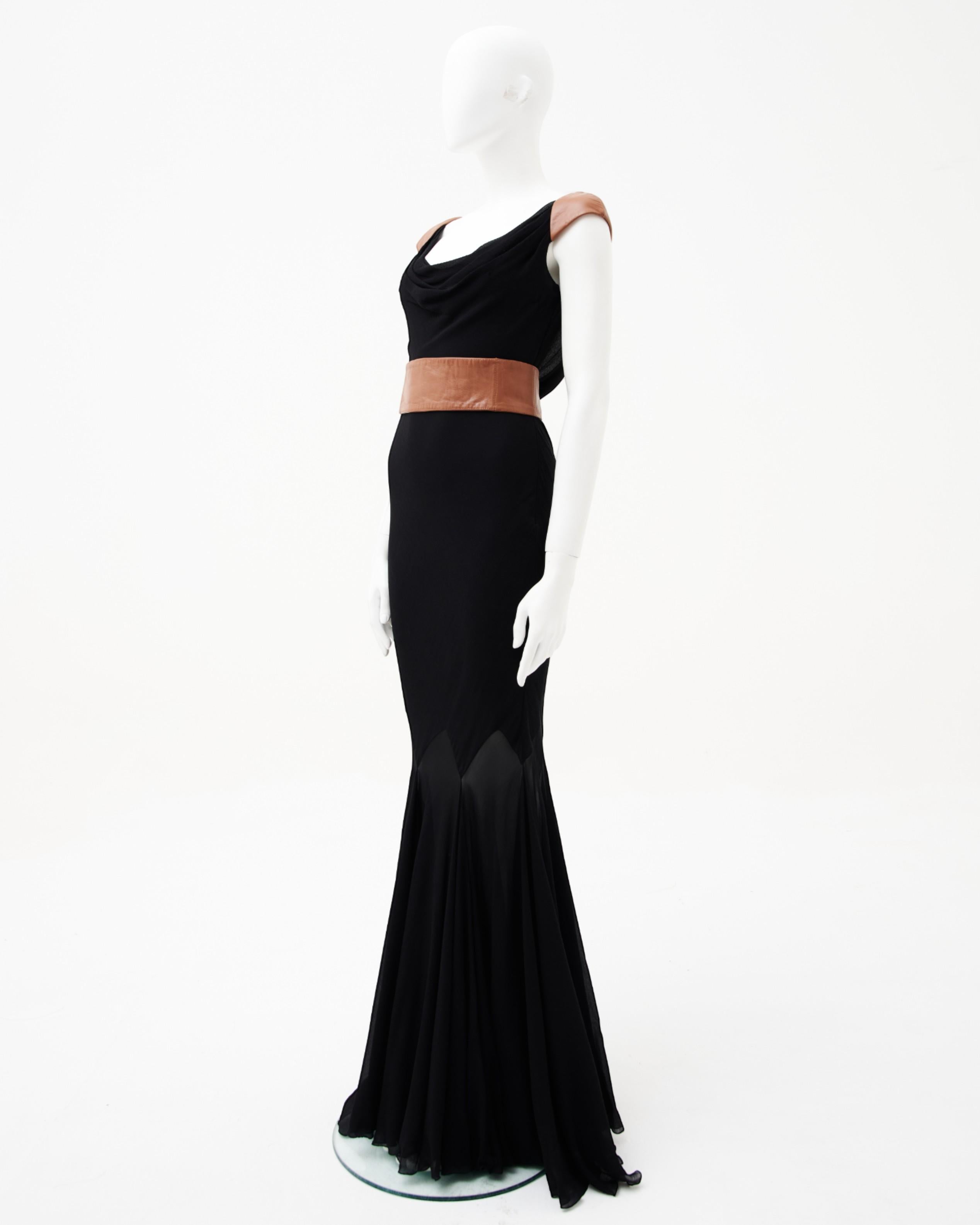 Black Gianni Versace F/W 2001 - Robe longue en mousseline de cuir marron et noir en vente