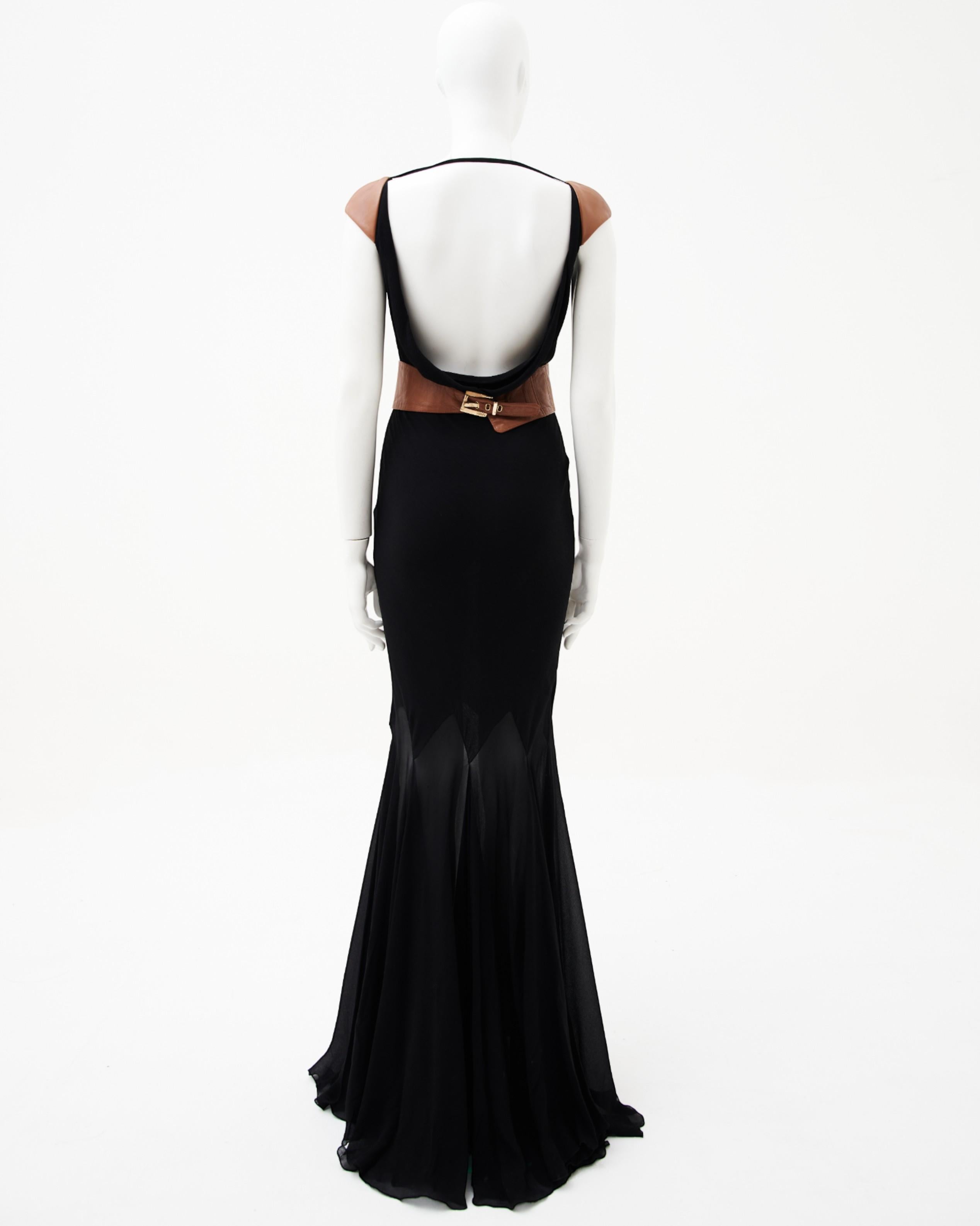 Gianni Versace F/W 2001 - Robe longue en mousseline de cuir marron et noir Excellent état - En vente à Milano, IT
