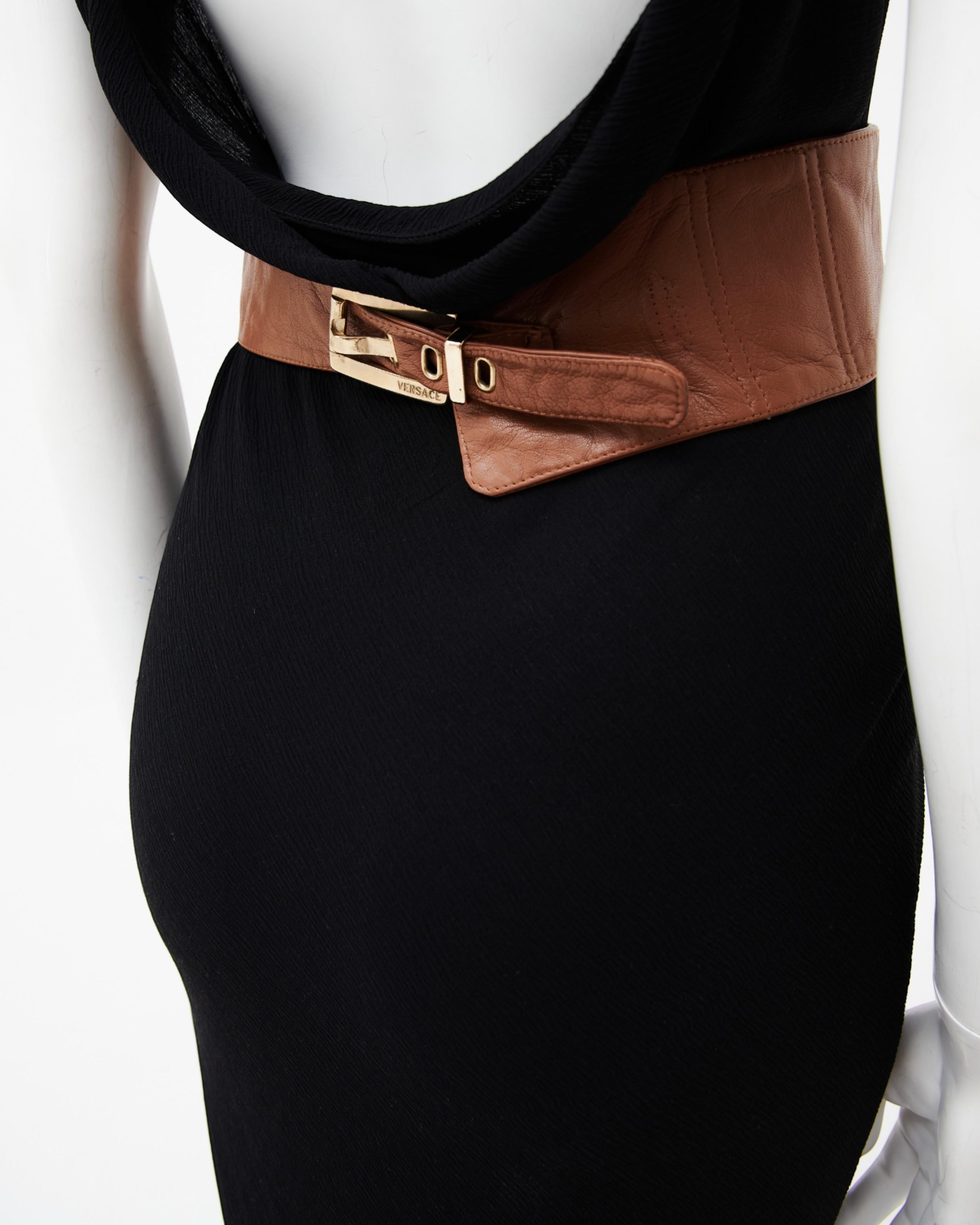 Gianni Versace F/W 2001 - Robe longue en mousseline de cuir marron et noir en vente 1