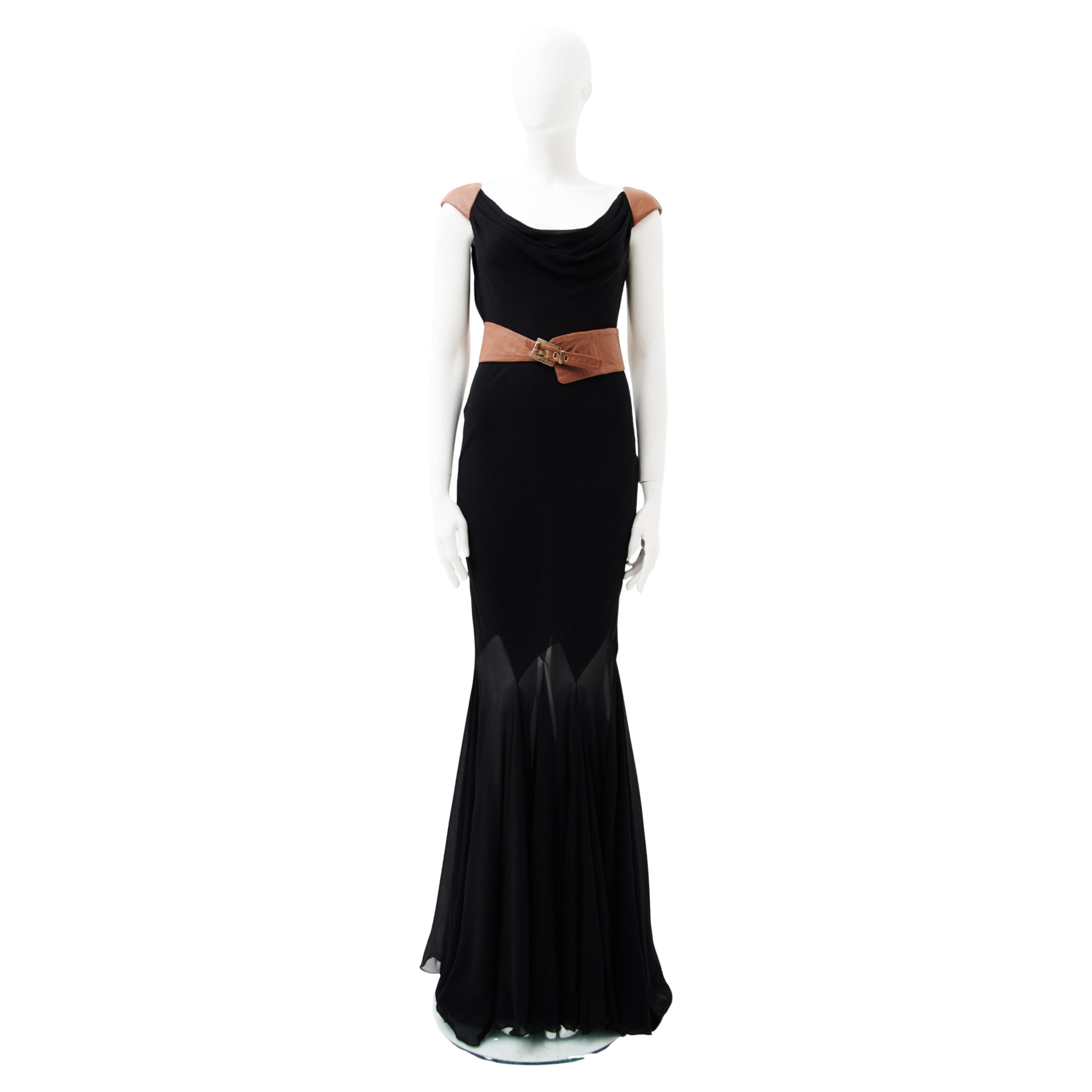 Gianni Versace F/W 2001 - Robe longue en mousseline de cuir marron et noir en vente