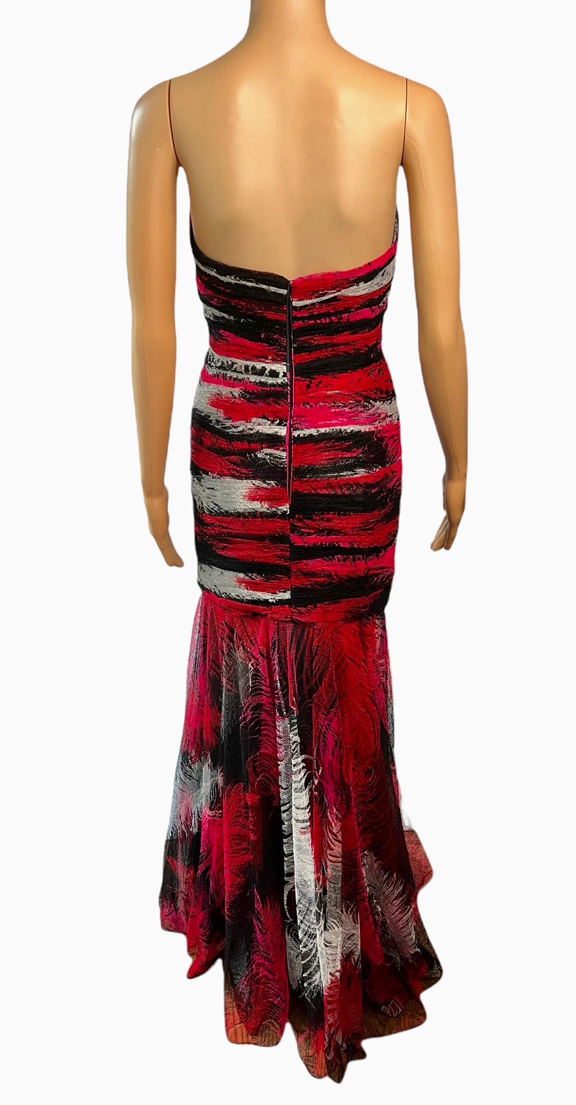 Gianni Versace F/W 2001 Runway Bustier Feather Print Silk Evening Dress Gown In Good Condition For Sale In Naples, FL