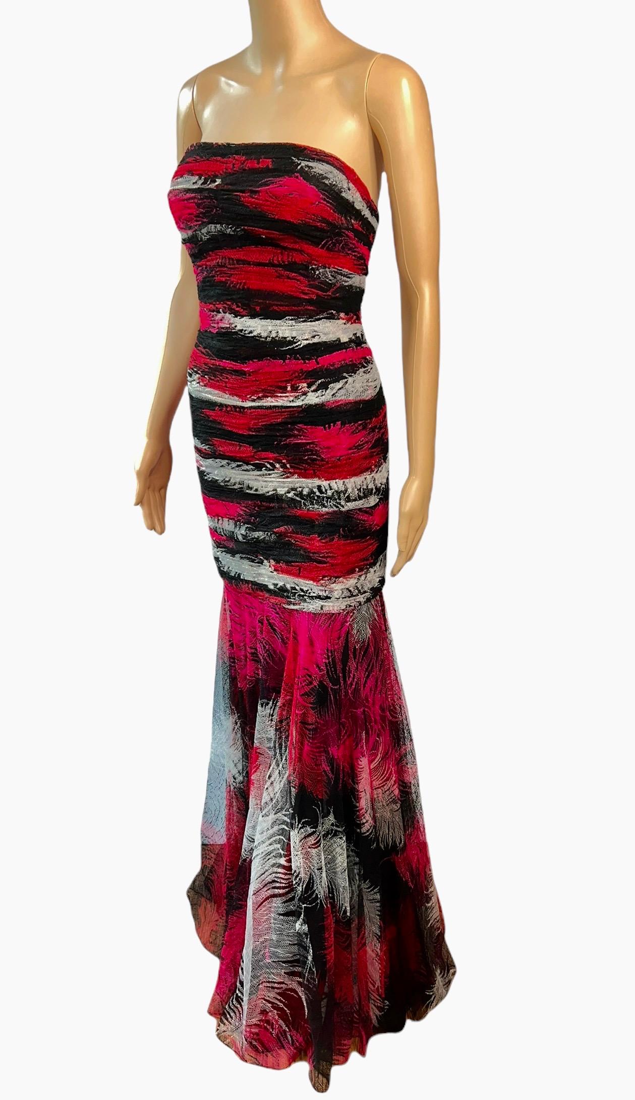 Women's Gianni Versace F/W 2001 Runway Bustier Feather Print Silk Evening Dress Gown For Sale