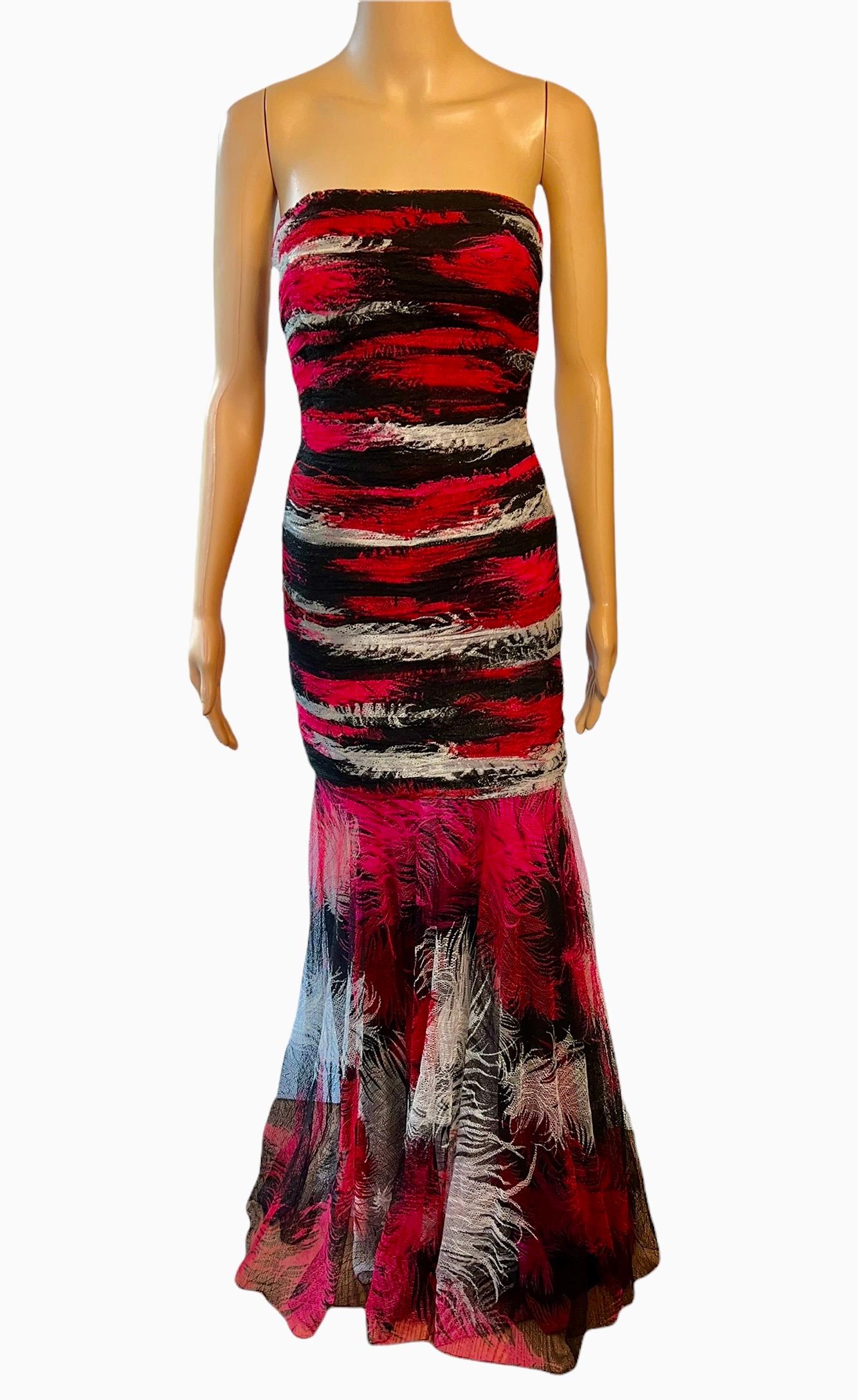 Gianni Versace F/W 2001 Runway Bustier Feather Print Silk Evening Dress Gown For Sale 1