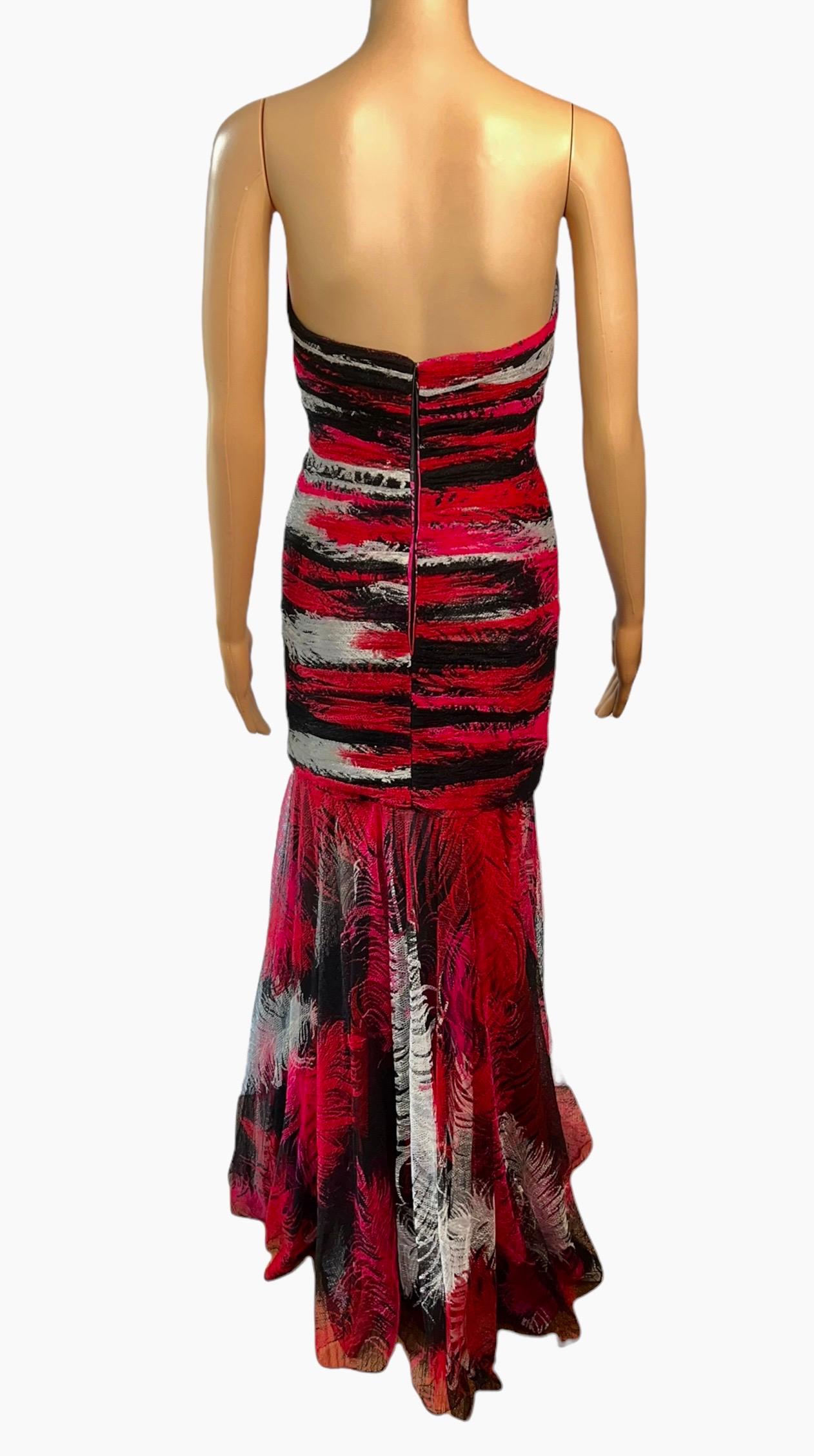 Gianni Versace F/W 2001 Runway Bustier Feather Print Silk Evening Dress Gown For Sale 2