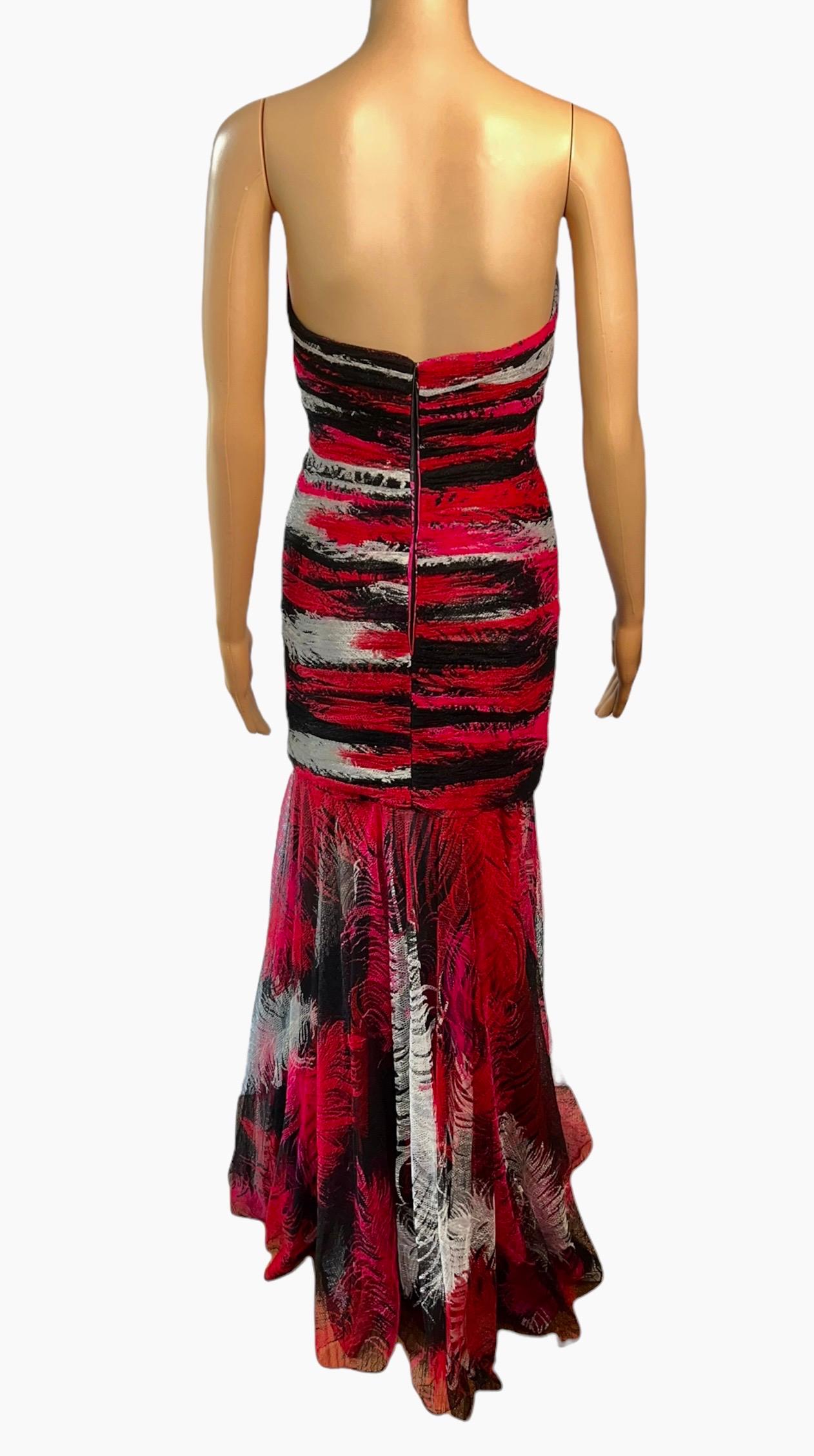 Gianni Versace F/W 2001 Runway Bustier Feather Print Silk Evening Dress Gown For Sale 1