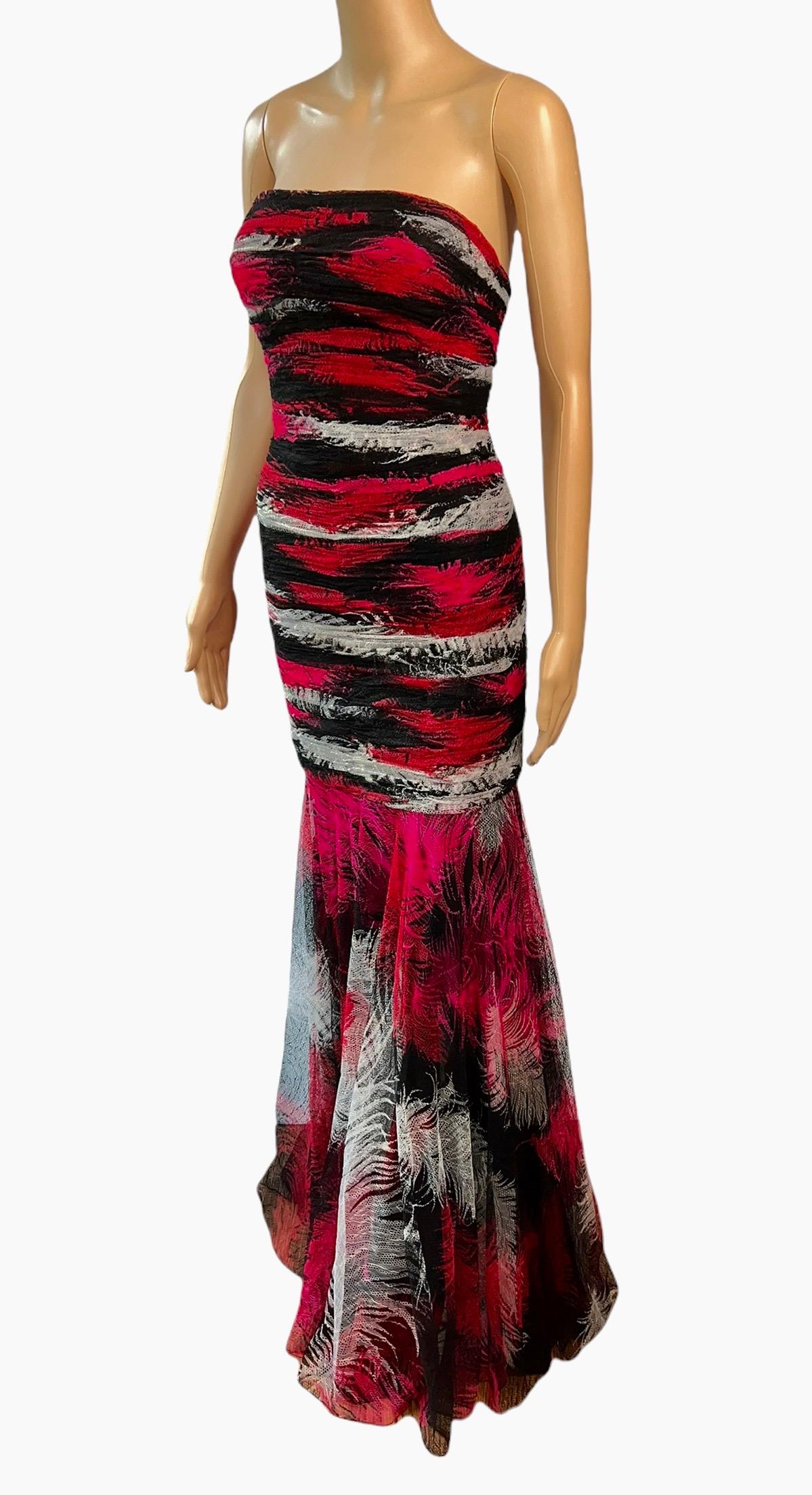 Gianni Versace F/W 2001 Runway Bustier Feather Print Silk Evening Dress Gown For Sale 3