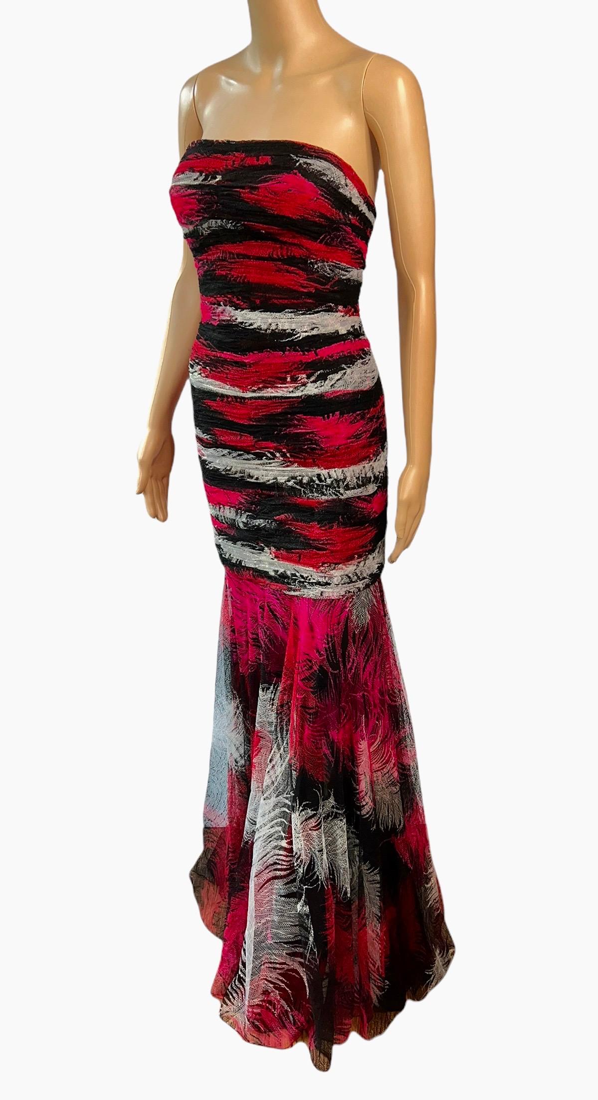 Gianni Versace F/W 2001 Runway Bustier Feather Print Silk Evening Dress Gown For Sale 2