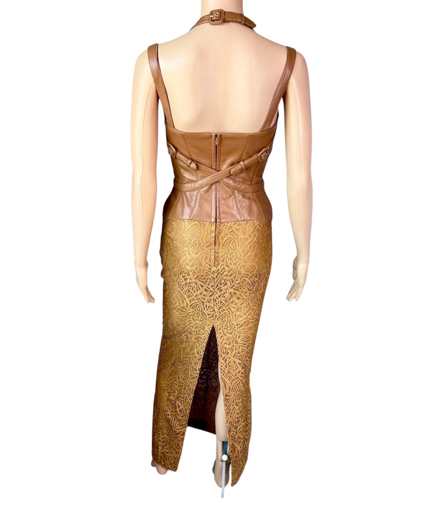Gianni Versace F/W 2001 Runway Vintage Spitze Leder Schnalle Bandage Abendkleid (Beige) im Angebot