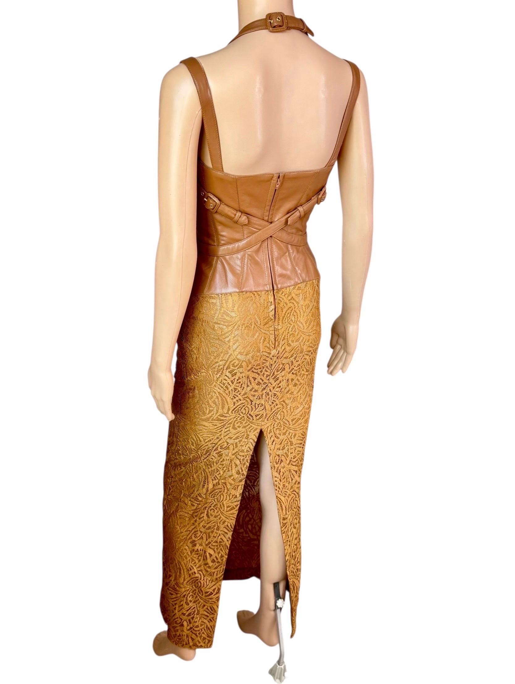 Gianni Versace F/W 2001 Runway Vintage Spitze Leder Schnalle Bandage Abendkleid Damen im Angebot