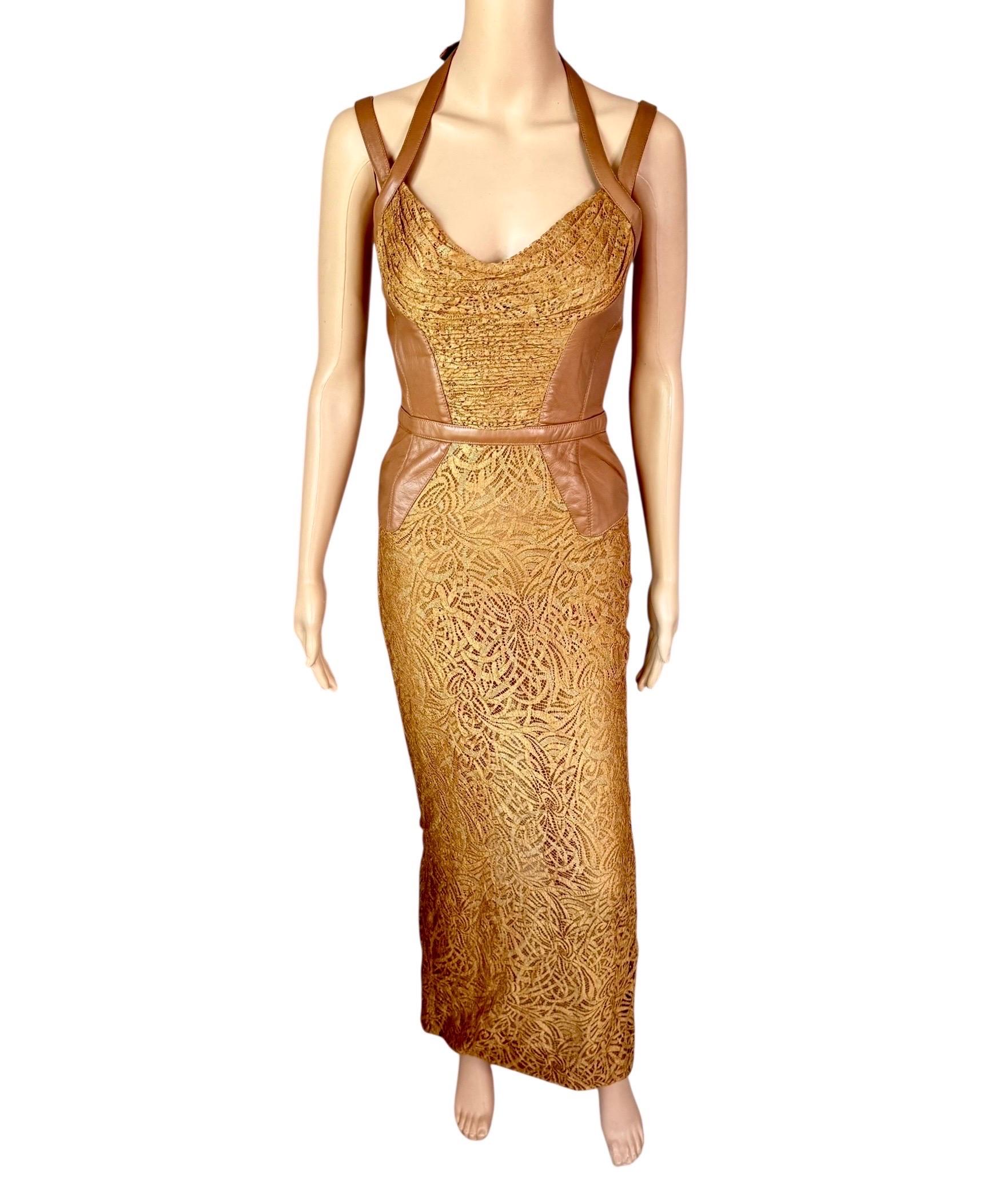 Gianni Versace F/W 2001 Runway Vintage Spitze Leder Schnalle Bandage Abendkleid im Angebot 2