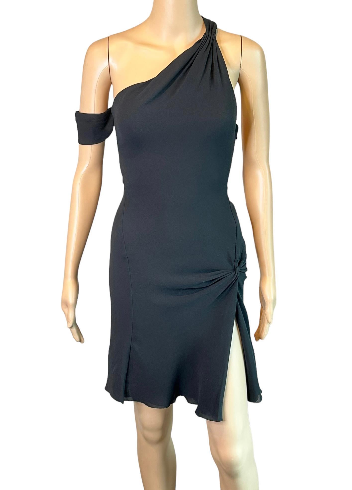 Women's Gianni Versace F/W 2002 Runway One Shoulder High Slit Silk Black Mini Dress
