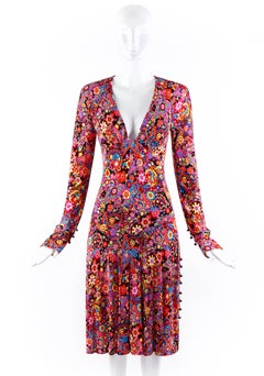Gianni Versace F/W 2002 Star Flower Collage Print Plunge Neck Fit & Flare Dress