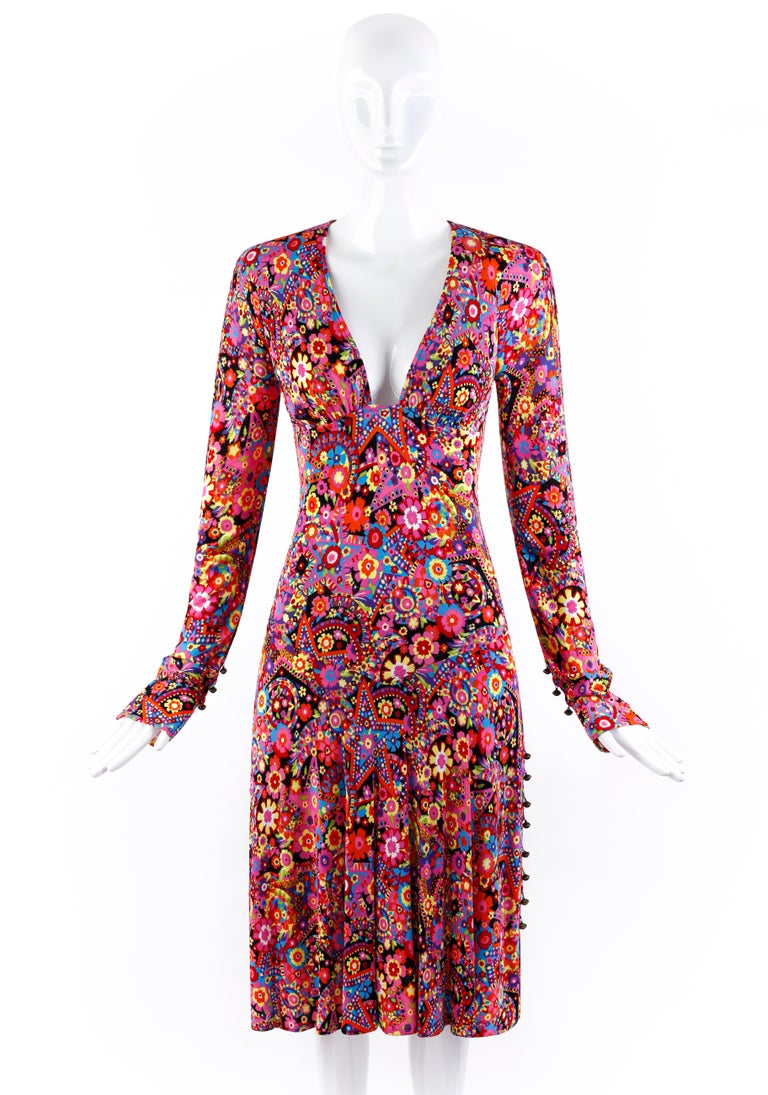 versace exclusive multicolor floral turtleneck long sleeve dress Versace Printed Viscose-Jersey Midi Dress, Female, Multicolor, 44