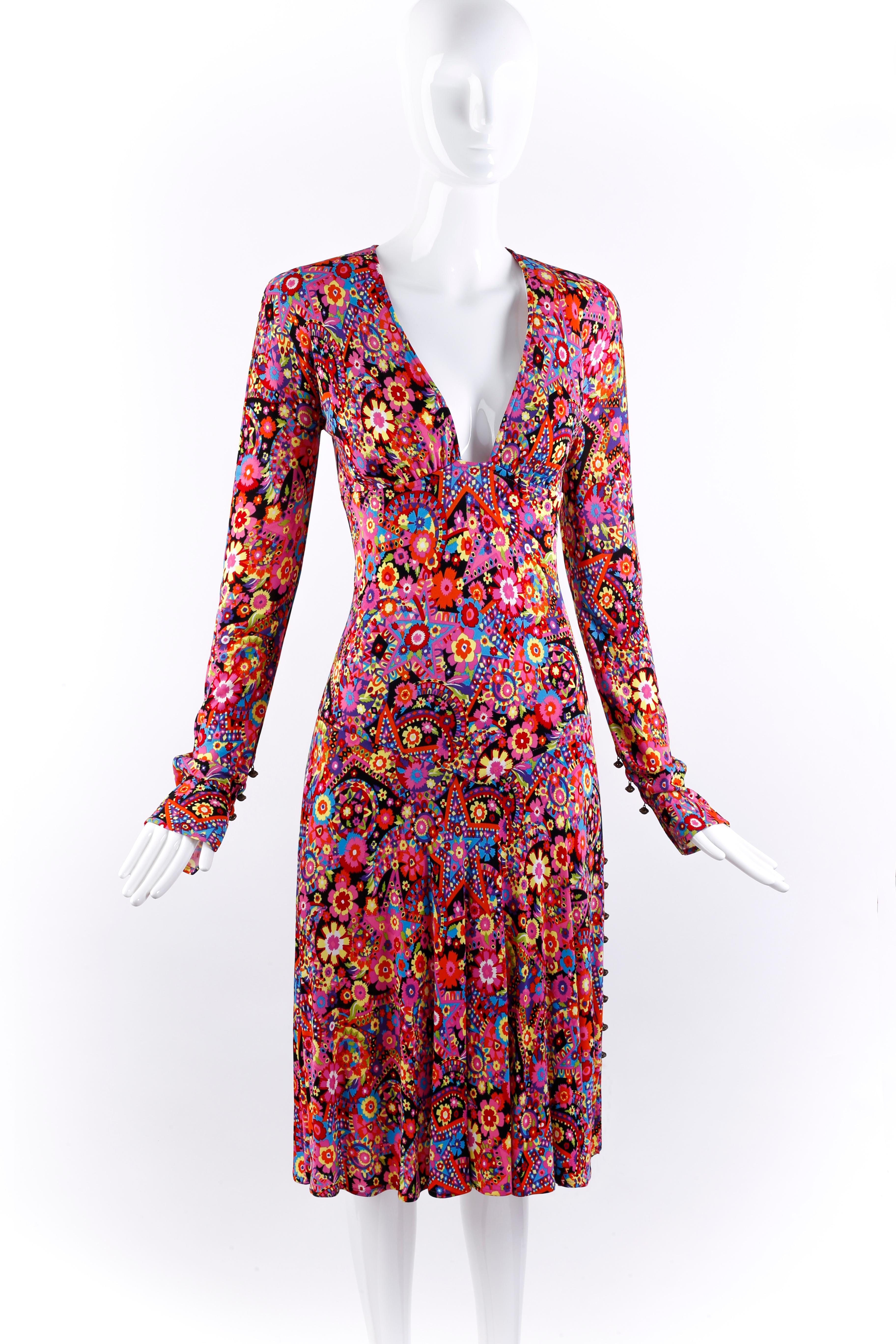 Pink Gianni Versace F/W 2002 Star Flower Collage Print Plunge Neck Fit & Flare Dress For Sale