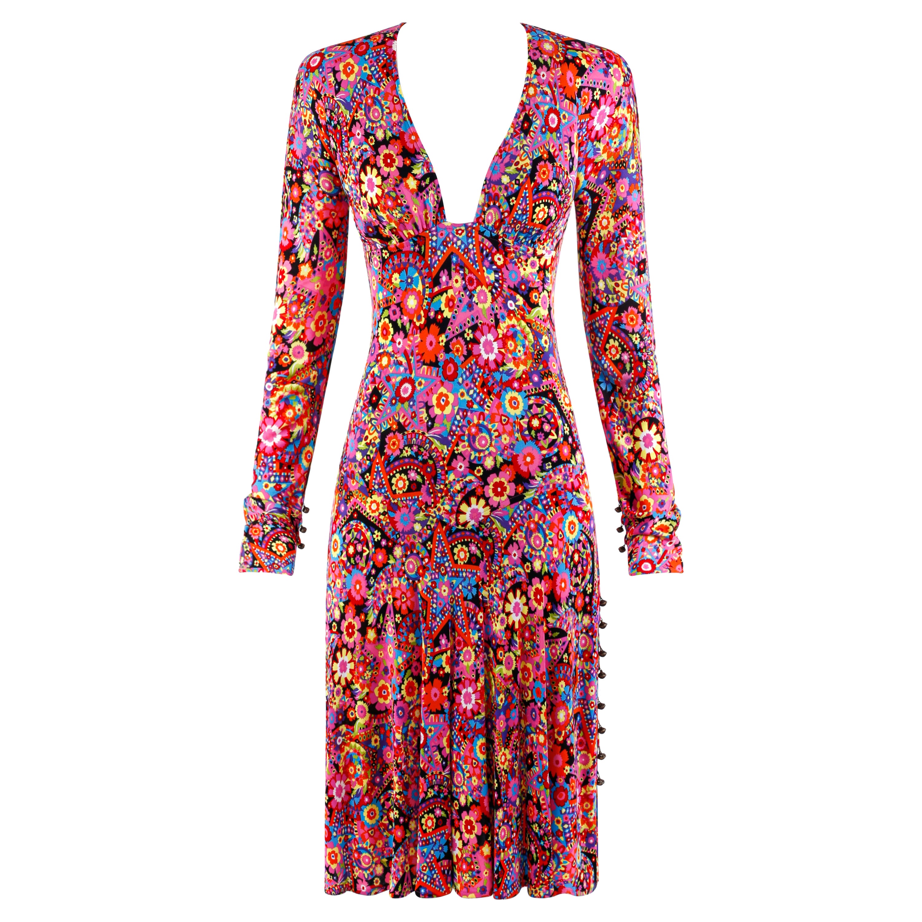 Gianni Versace H/W 2002 Ausgestelltes Kleid mit tiefem Ausschnitt und ausgestelltem Sternblumenmuster